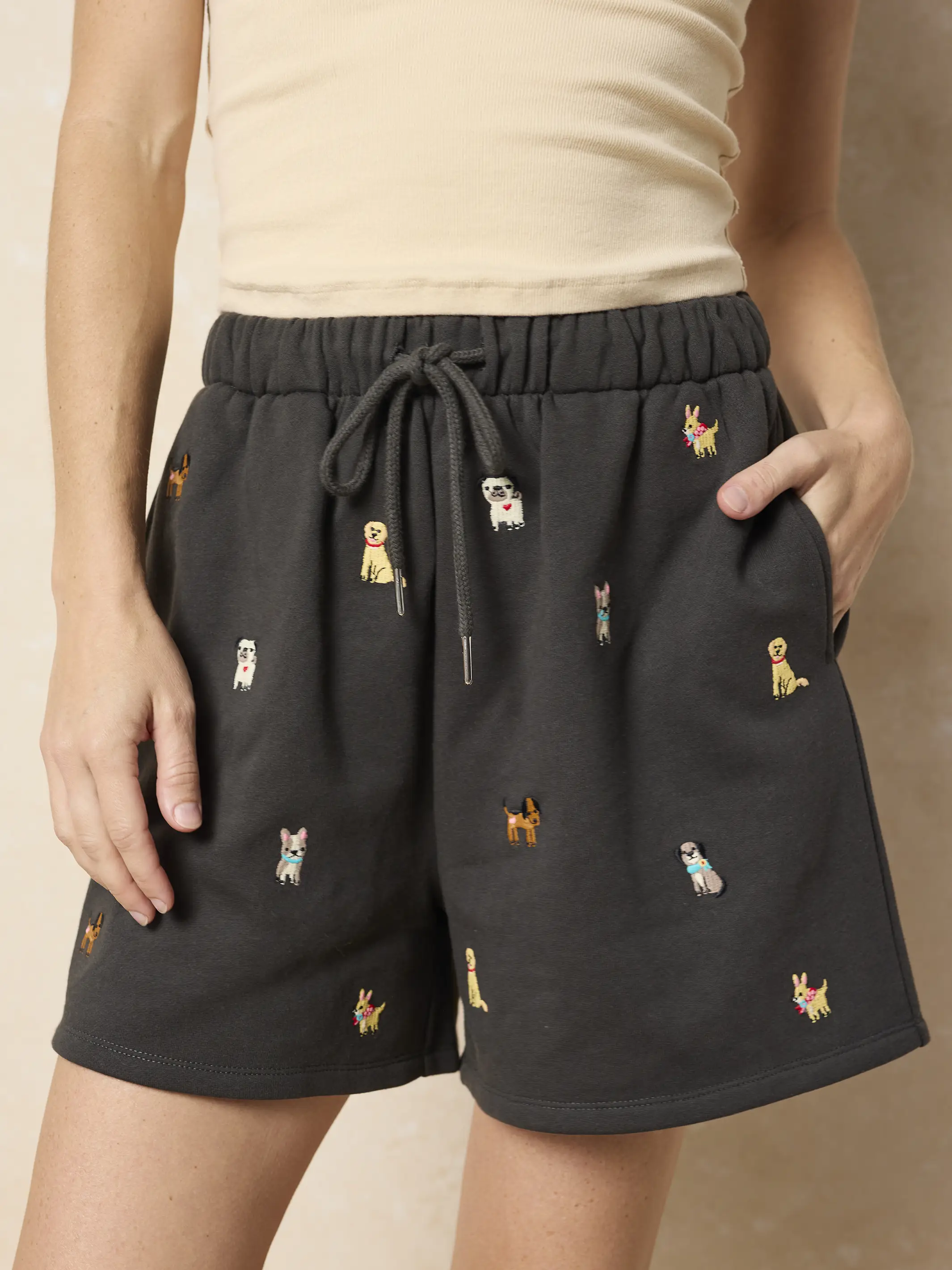 Fave Little Things Embroidered Shorts - Charcoal Dogs - Image 2
