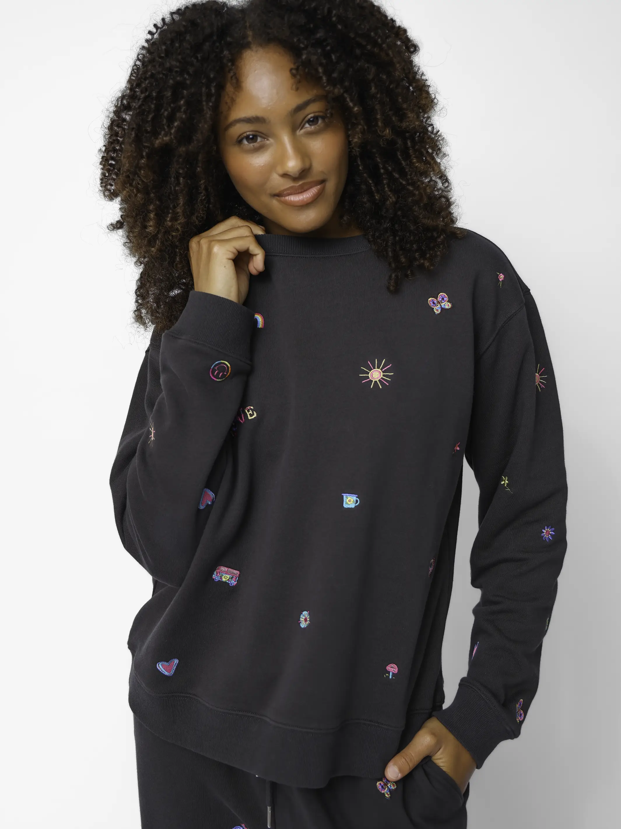 Fave Little Things Embroidered Sweatshirt - Charcoal Doodle - Image 2