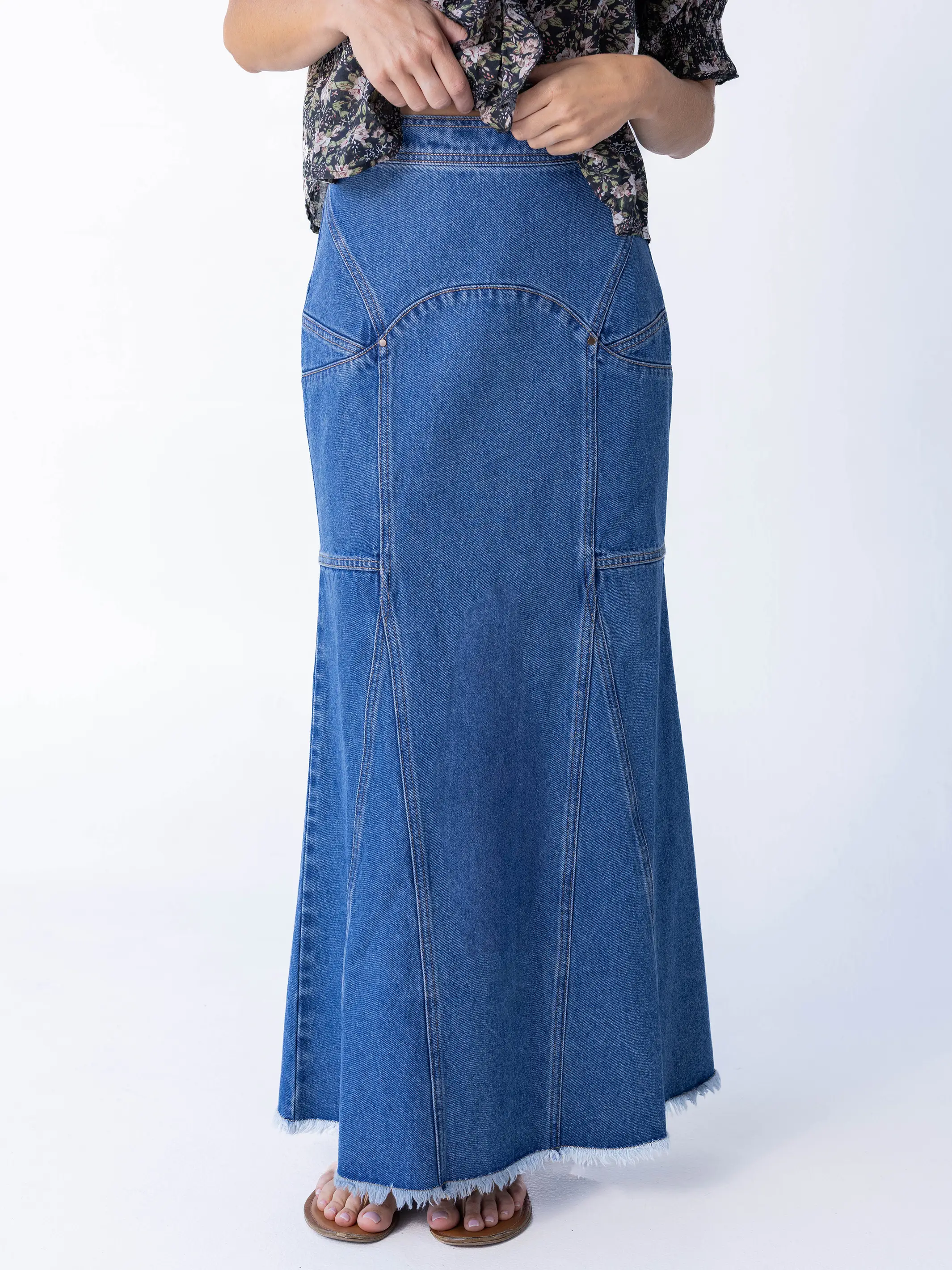 Fitted Cotton Denim Maxi Skirt - Medium Wash - Image 4