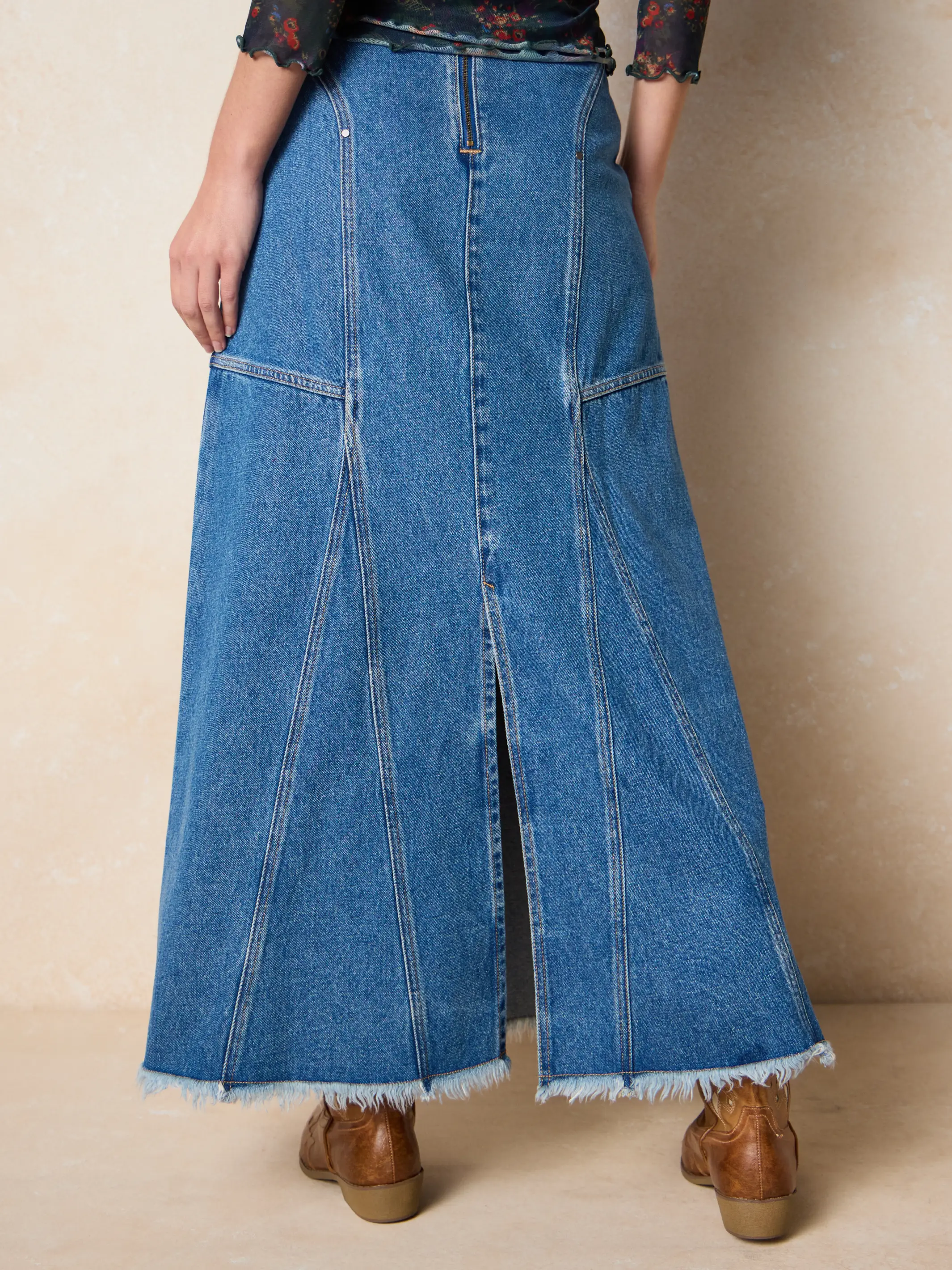 Fitted Cotton Denim Maxi Skirt - Medium Wash - Image 5