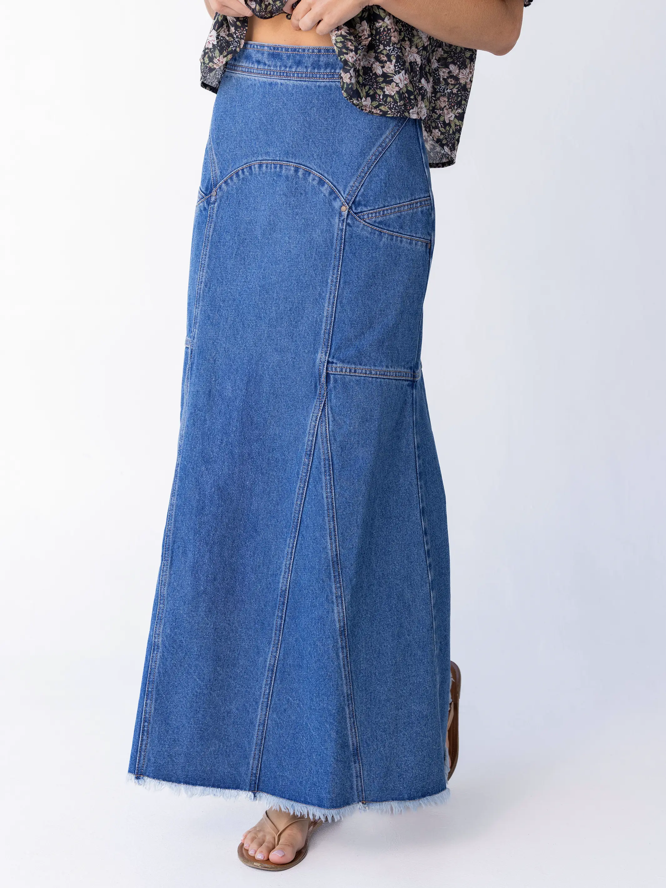 Fitted Cotton Denim Maxi Skirt - Medium Wash - Image 8