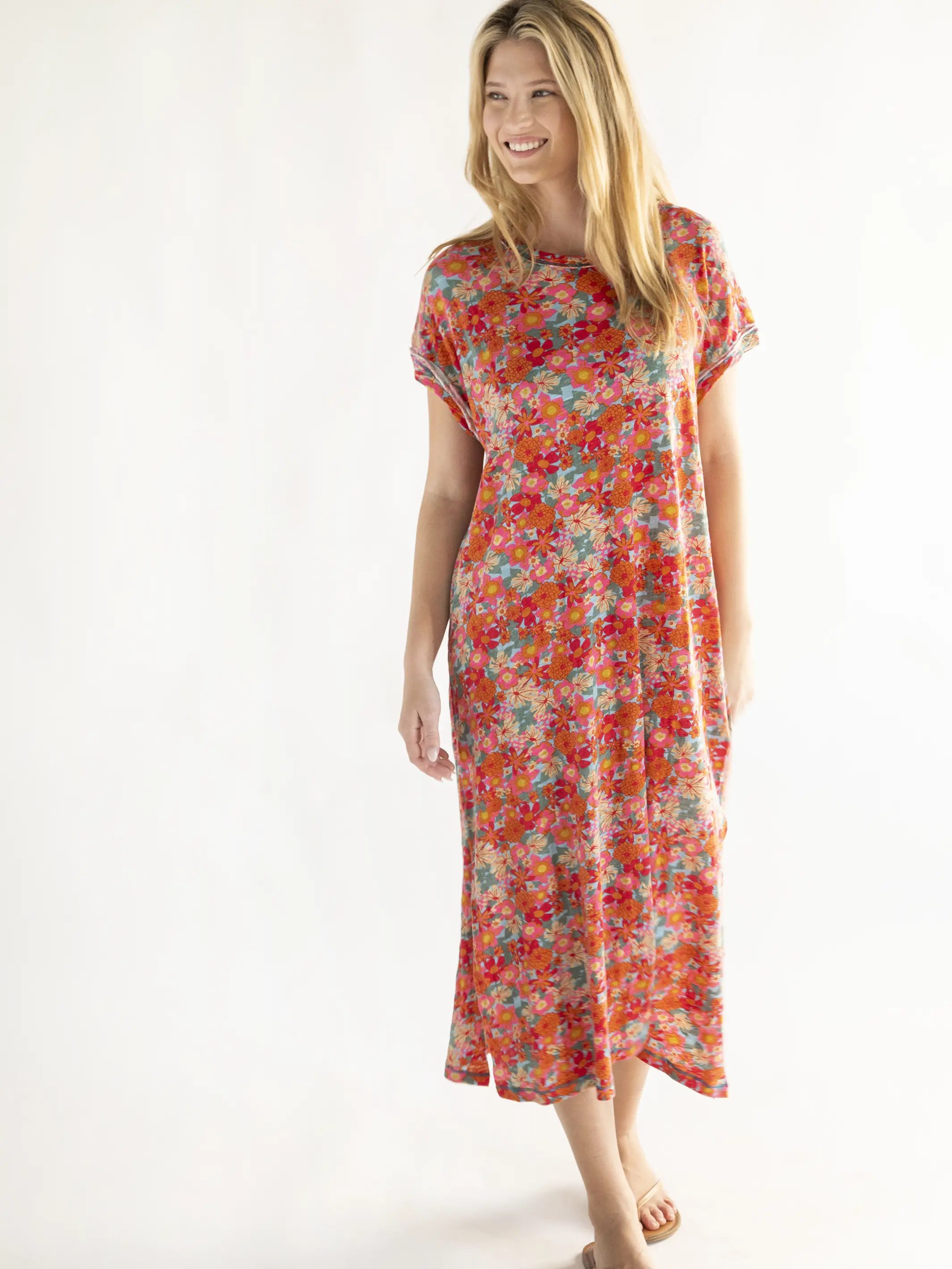 Frankie Knit Cotton Tee Midi Dress - Pink Red Floral - Image 2