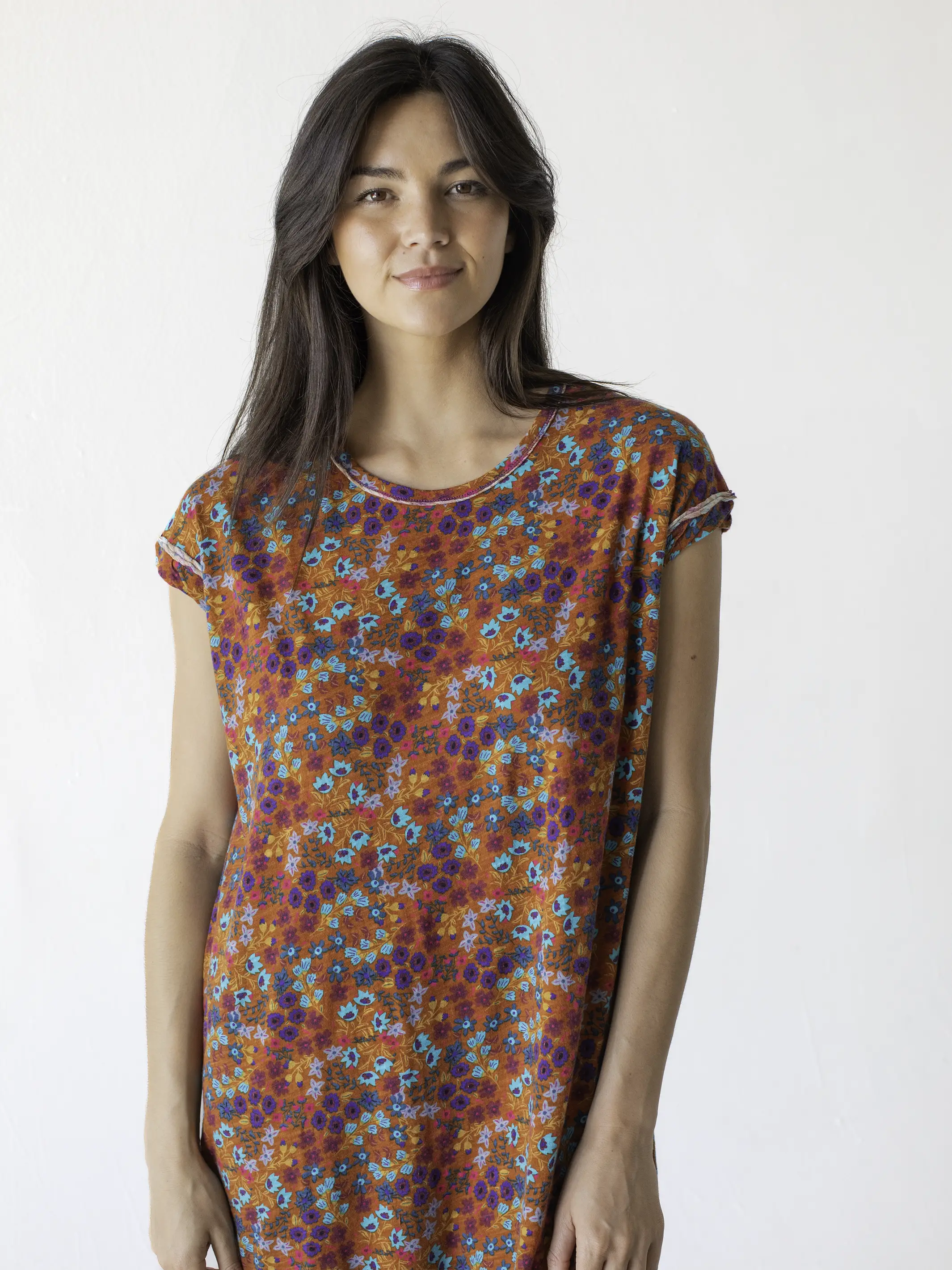 Frankie Knit Cotton Tee Midi Dress - Rust Turquoise Floral - Image 2