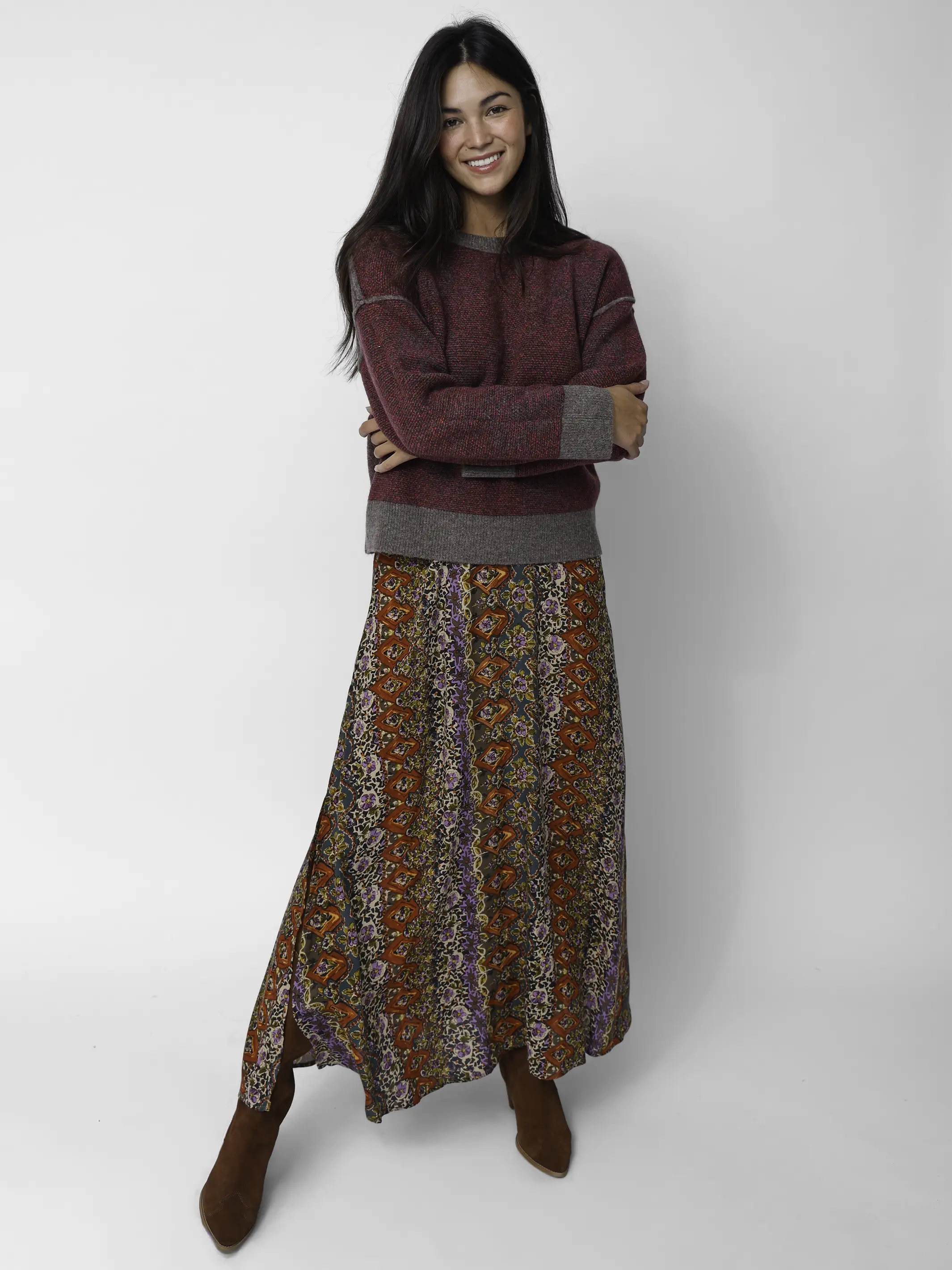 Ginger Side Slit Maxi Skirt - Brown Tuscany Border - Image 2