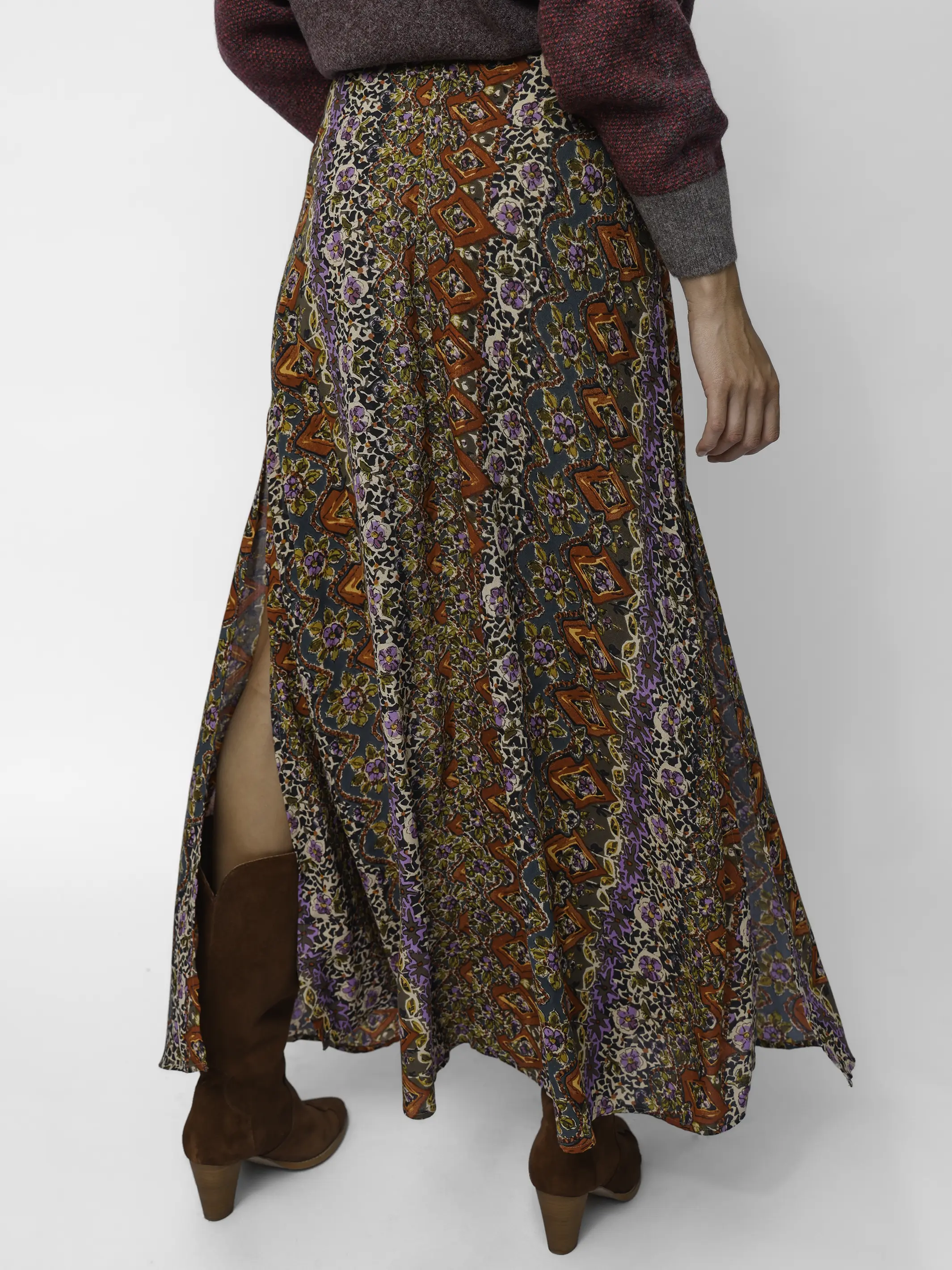 Ginger Side Slit Maxi Skirt - Brown Tuscany Border - Image 3