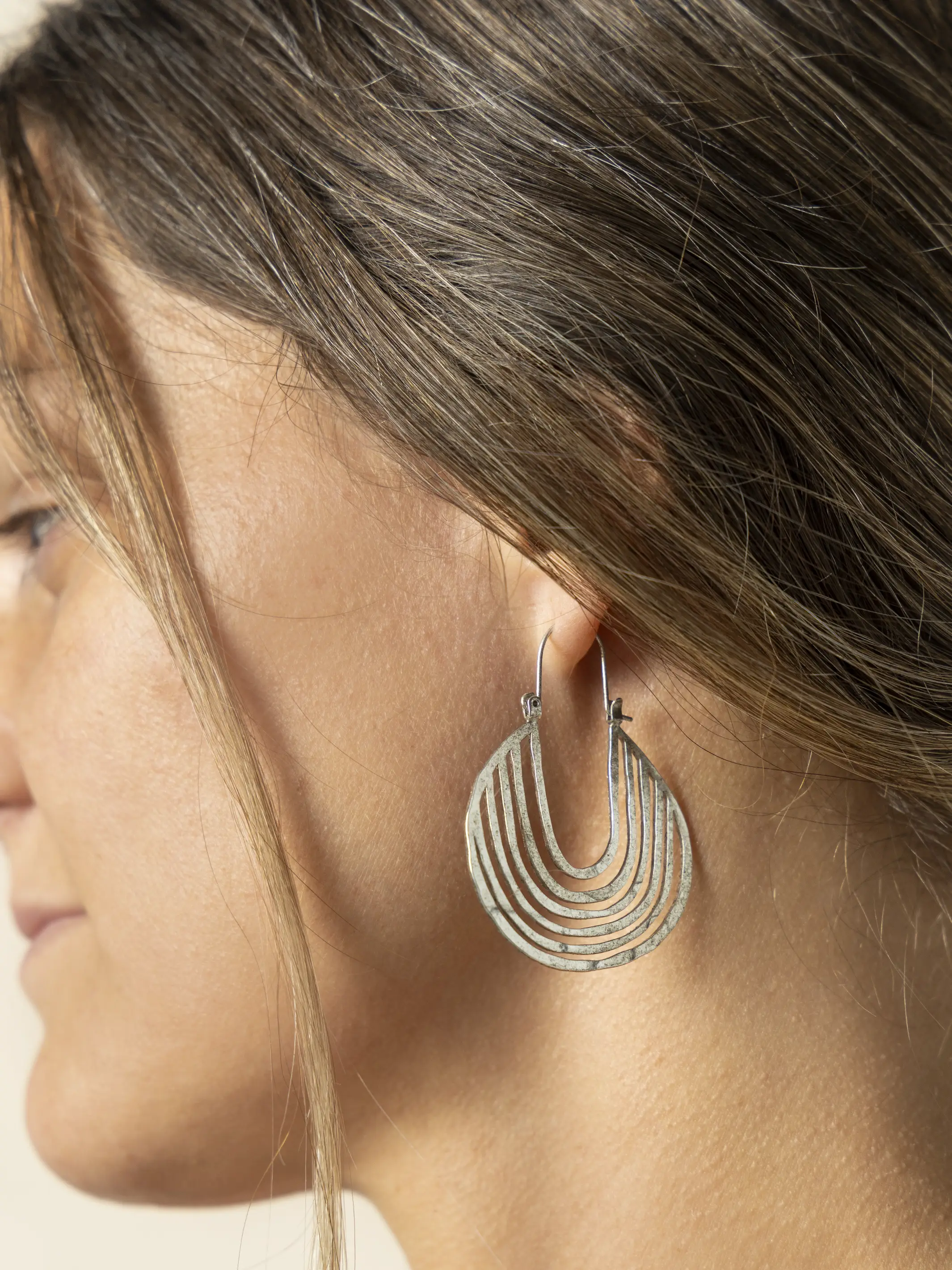 Hammered Hoop Earrings - Silver - Image 2
