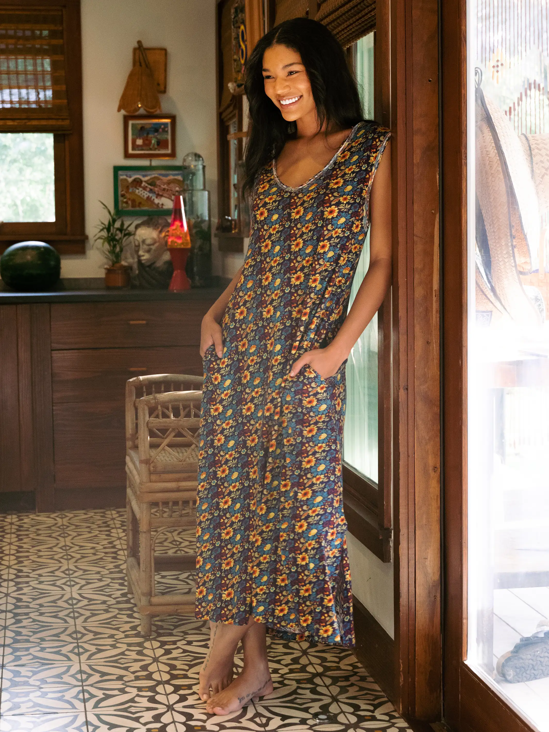 Hangout Cotton Midi Dress - Olive Navy Floral - Image 2