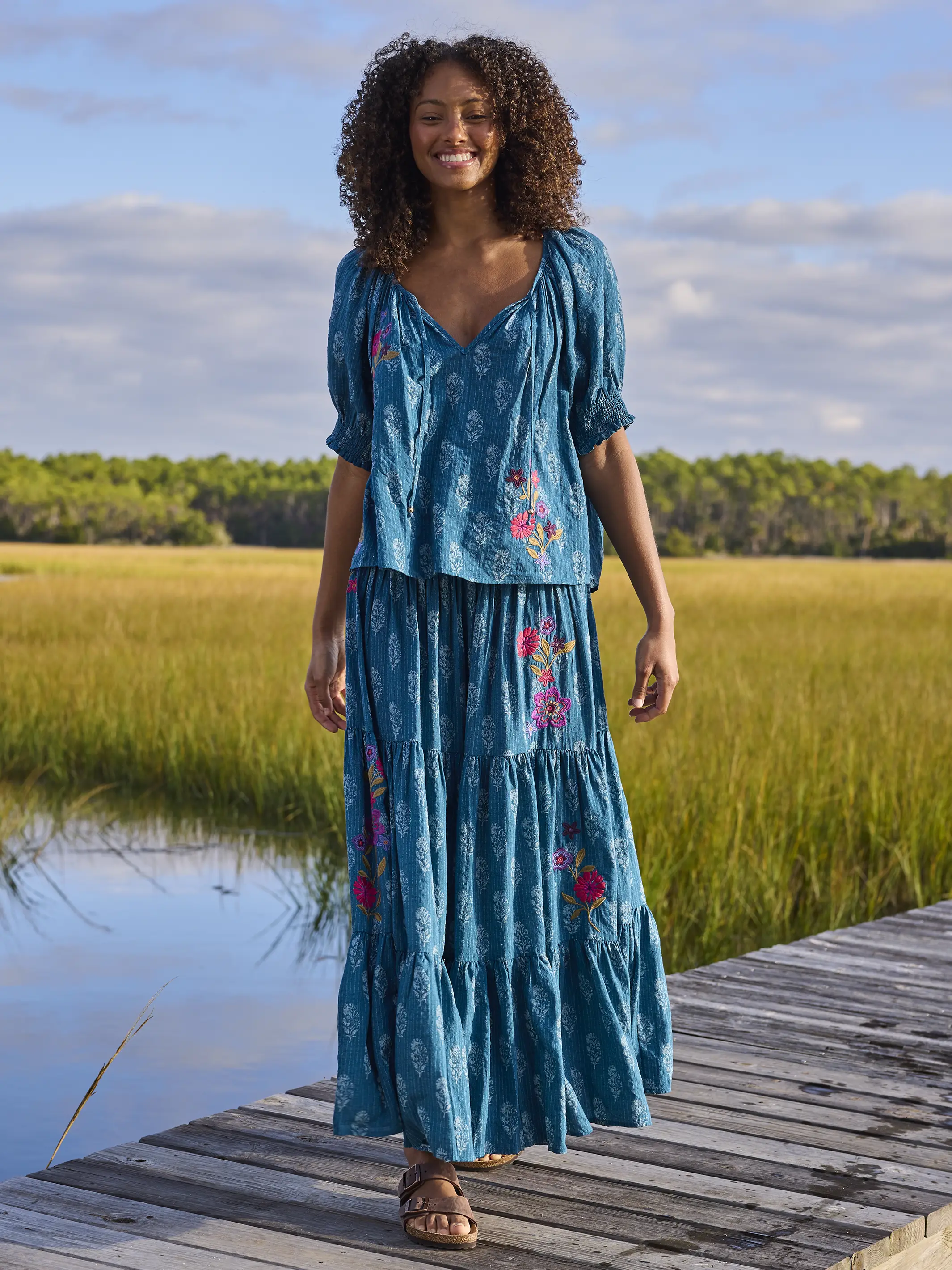 Hanna Embroidered Convertible Maxi Skirt - Block Stamp Indigo - Image 2