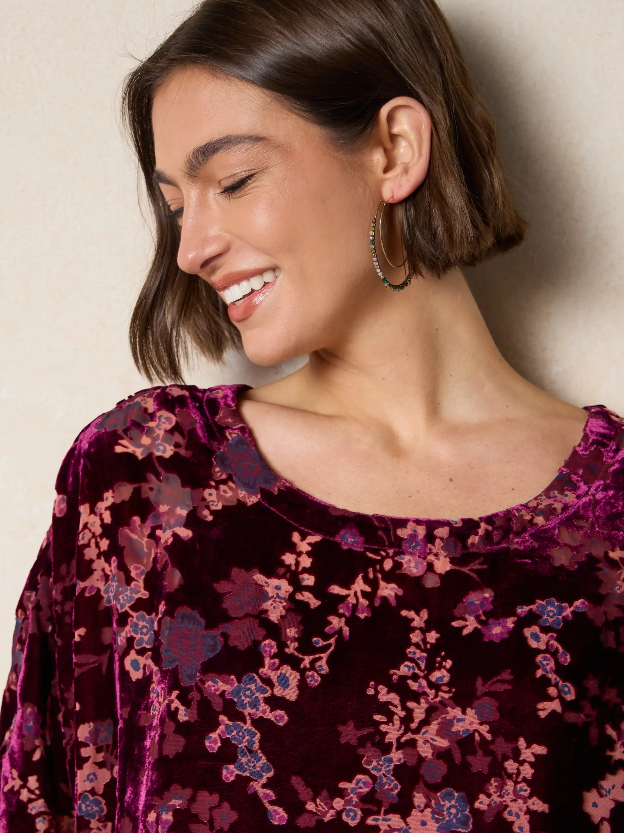 Happy Days Velvet Shift Dress - Cranberry Floral Branches - Image 2