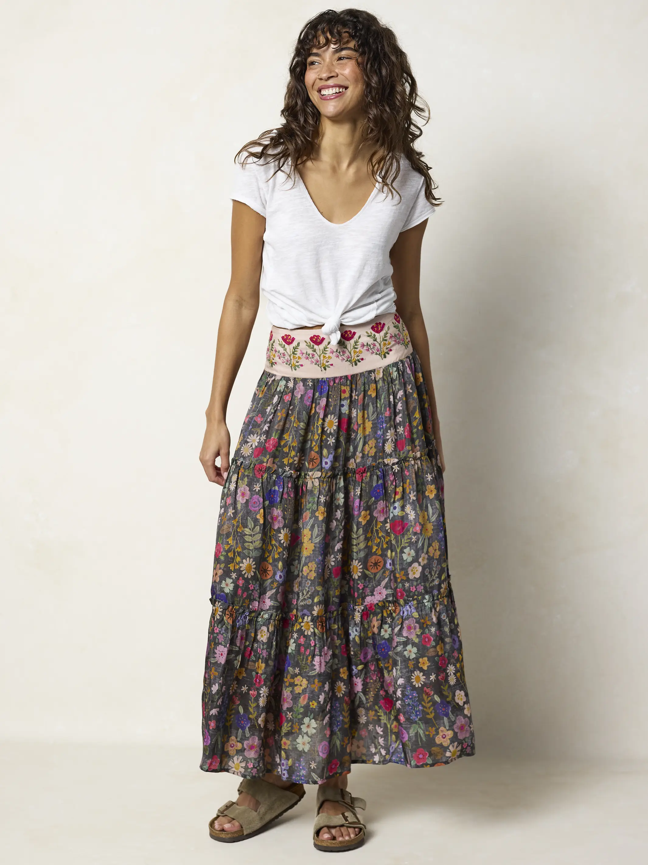 Karlie Embroidered Tiered Maxi Skirt - Flung Floral Wildflowers - Image 2
