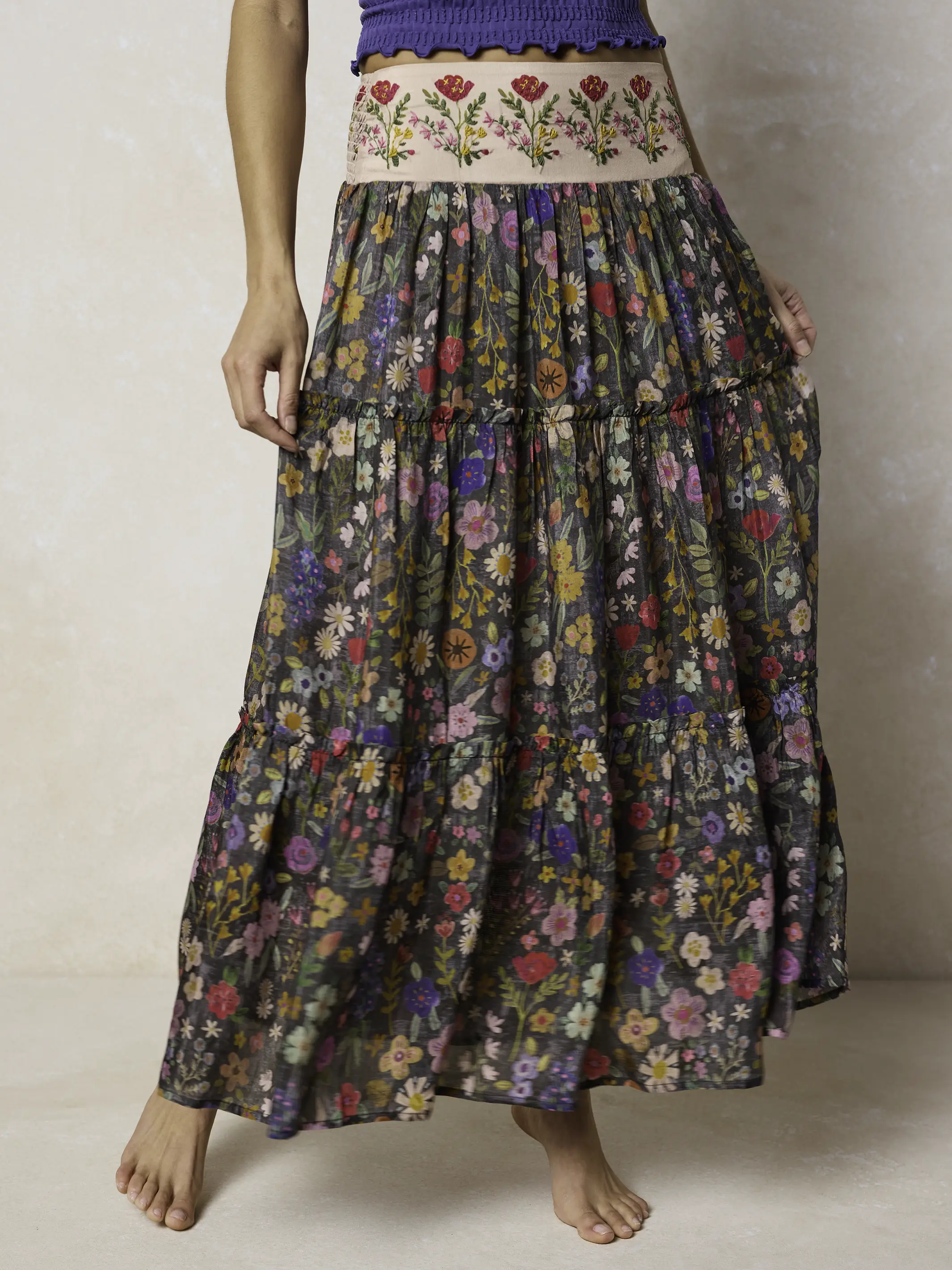 Karlie Embroidered Tiered Maxi Skirt - Flung Floral Wildflowers - Image 3