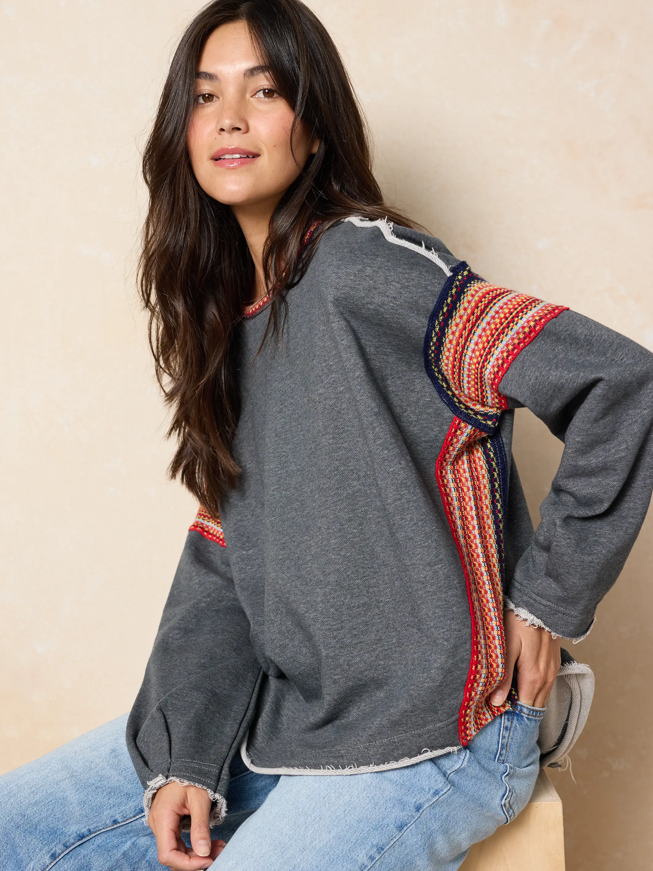 Knit Trim Sweatshirt - Charcoal - Image 3