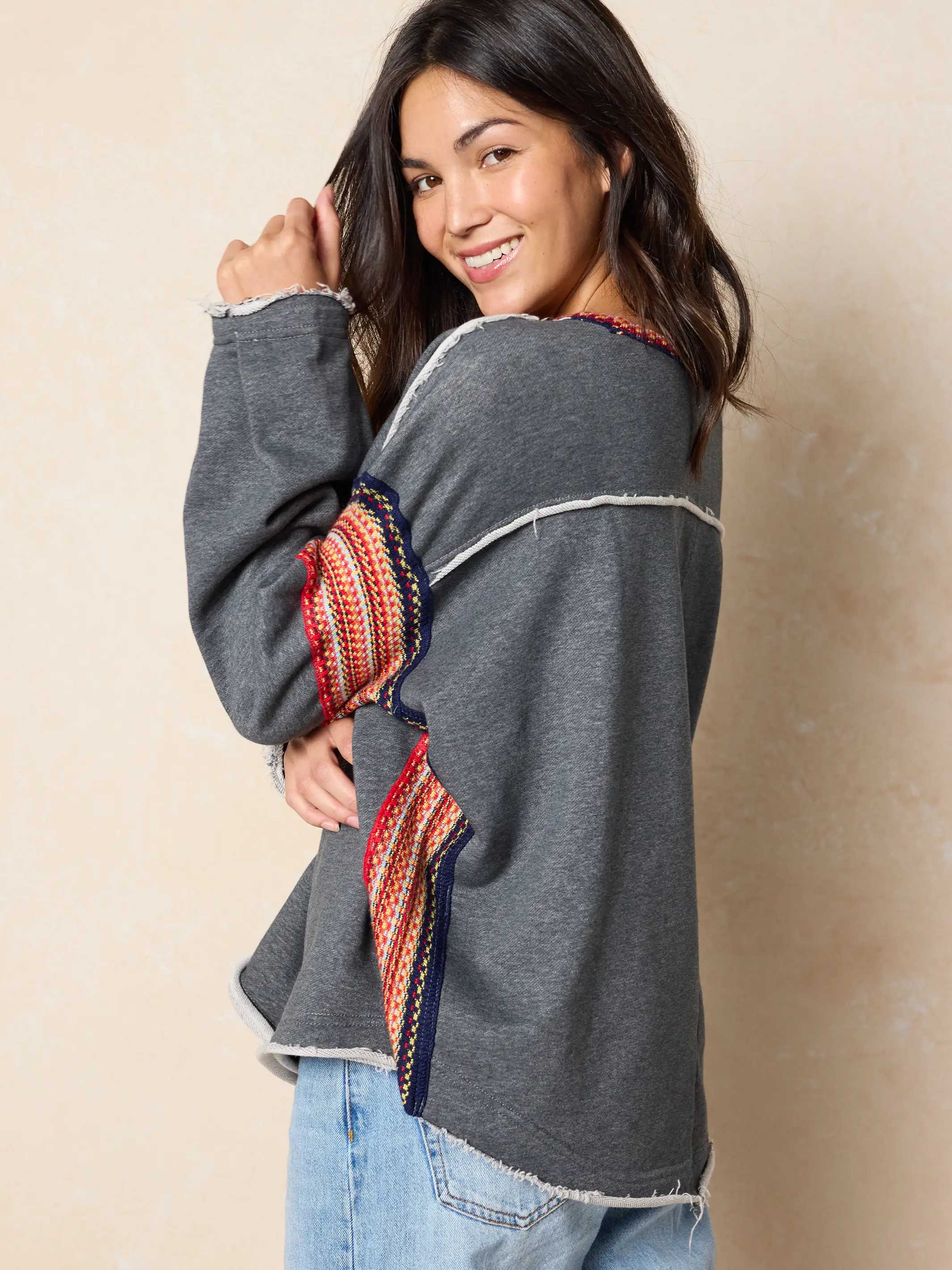 Knit Trim Sweatshirt - Charcoal - Image 4