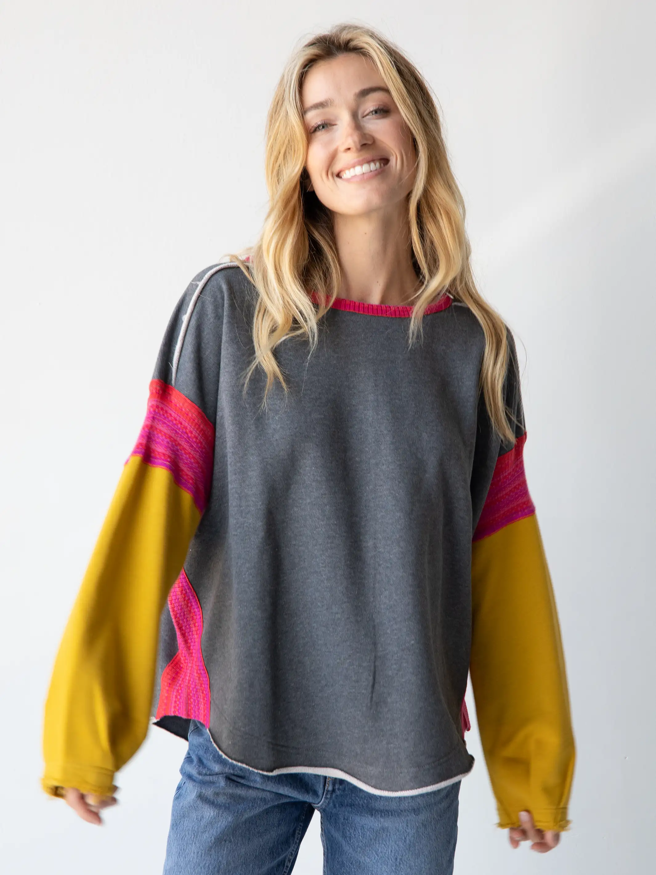 Knit Trim Sweatshirt - Grey - Image 2