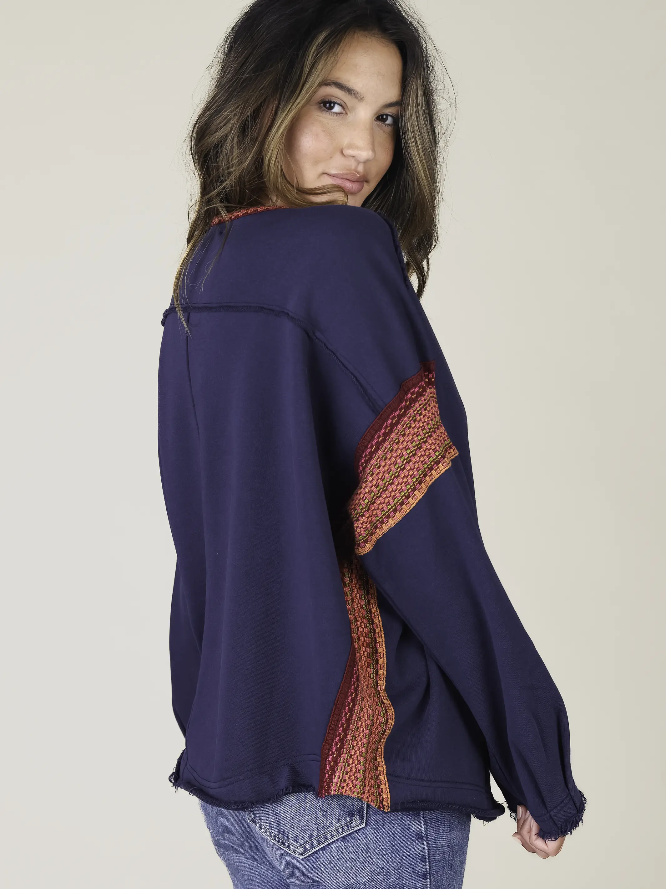 Knit Trim Sweatshirt - Navy - Image 2