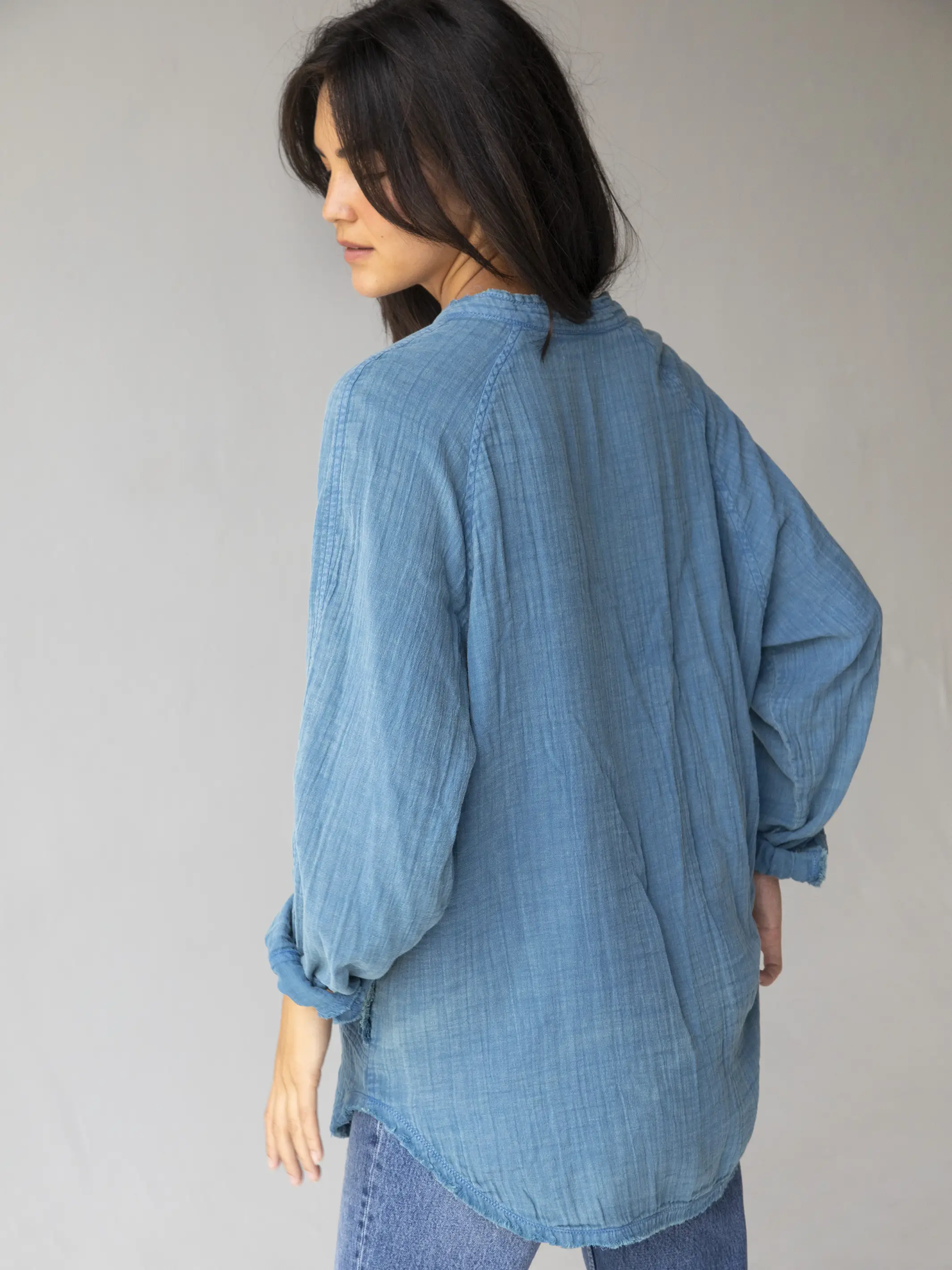 Laid Back Cotton Button Down Top - Blue - Image 3
