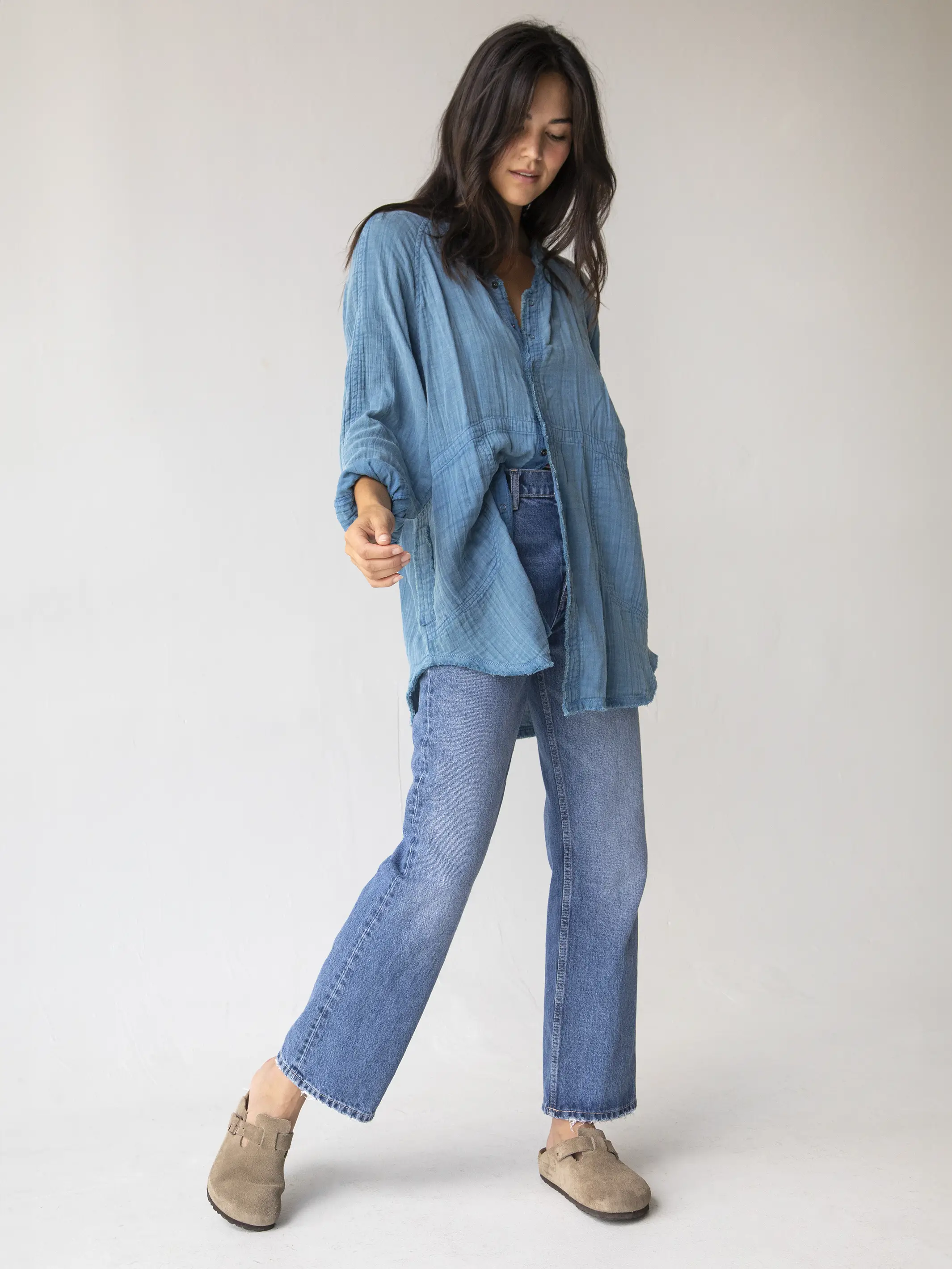 Laid Back Cotton Button Down Top - Blue - Image 4