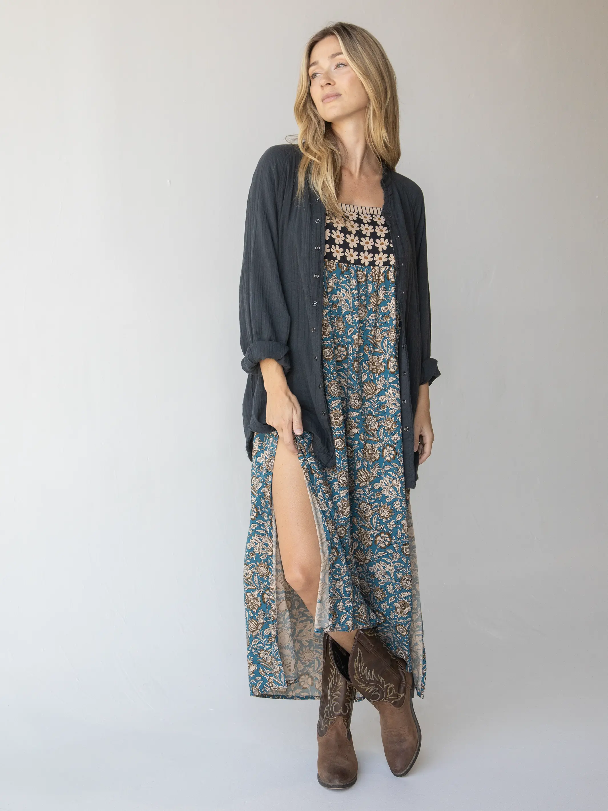 Laid Back Cotton Button Down Top - Charcoal - Image 2