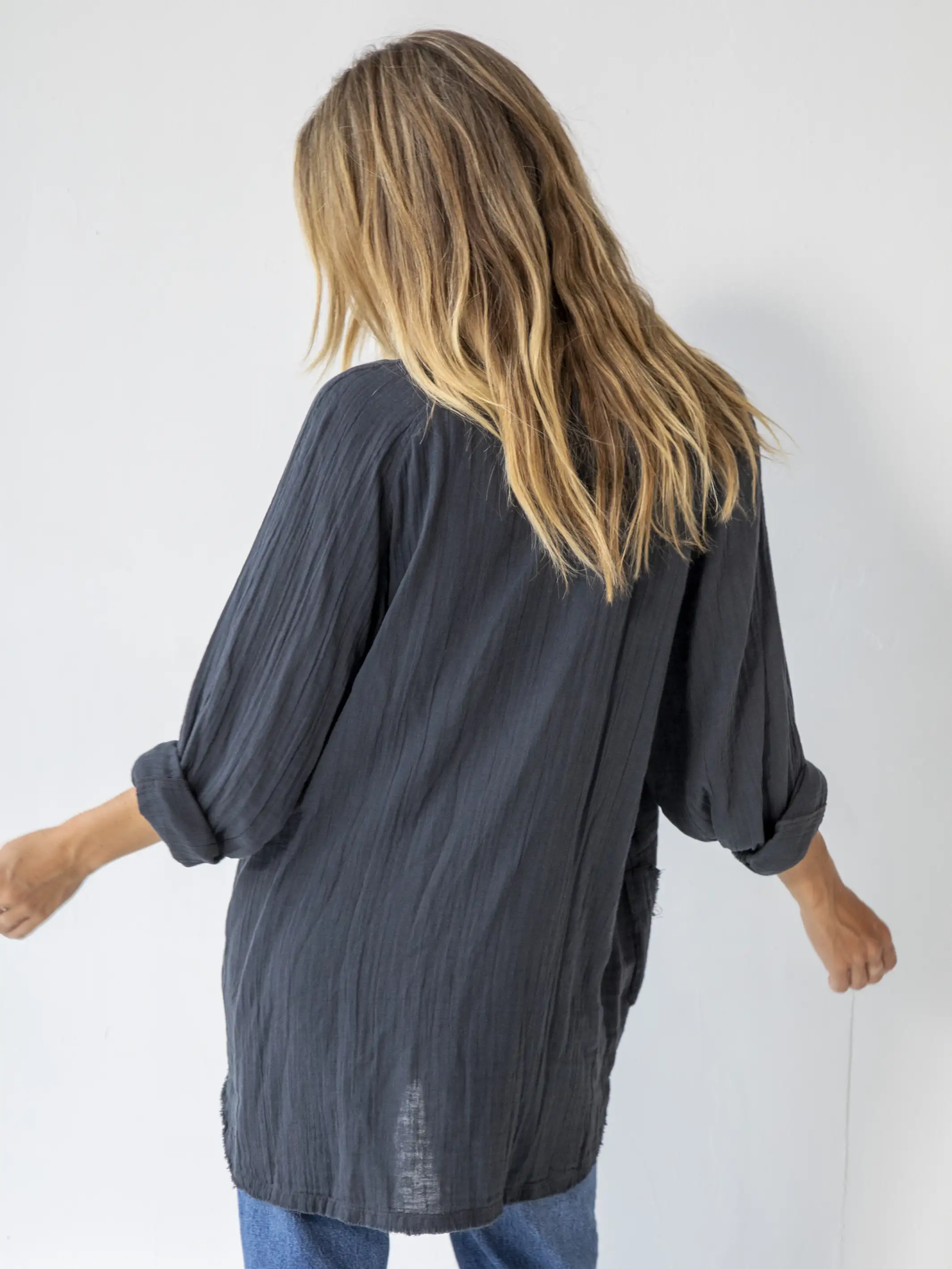 Laid Back Cotton Button Down Top - Charcoal - Image 3