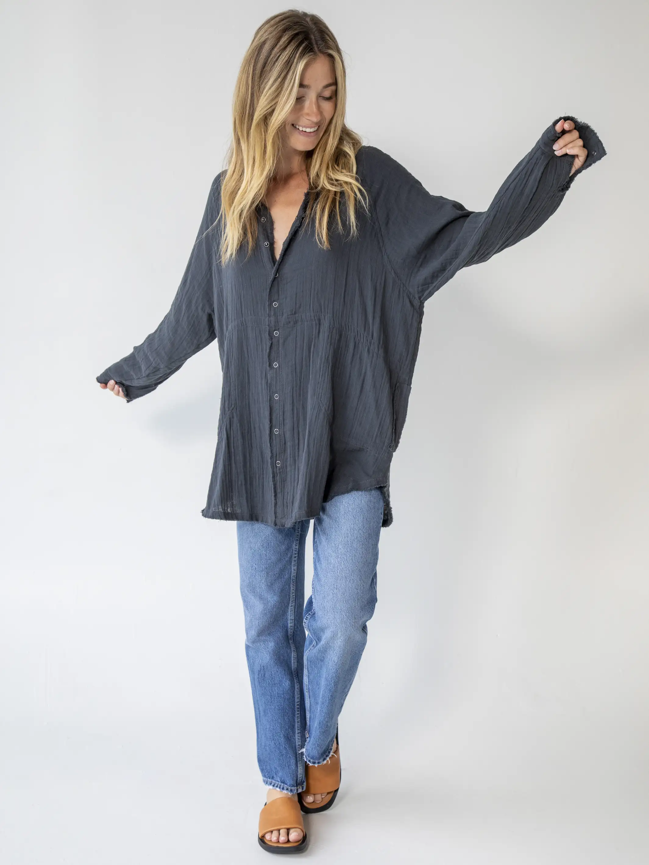 Laid Back Cotton Button Down Top - Charcoal - Image 4