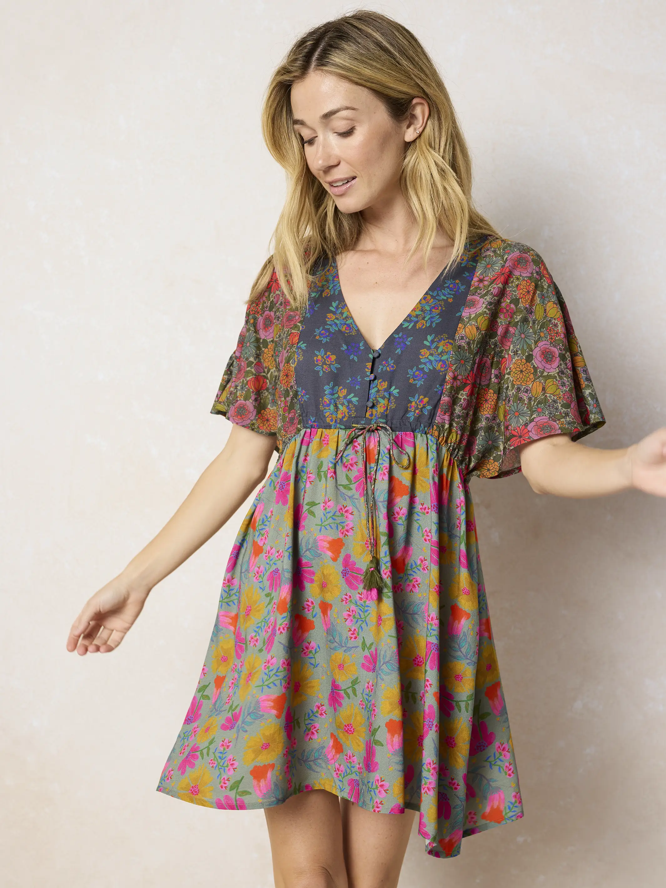 Laney Tie-Waist Mini Dress - Drawn Garden Multi - Image 2