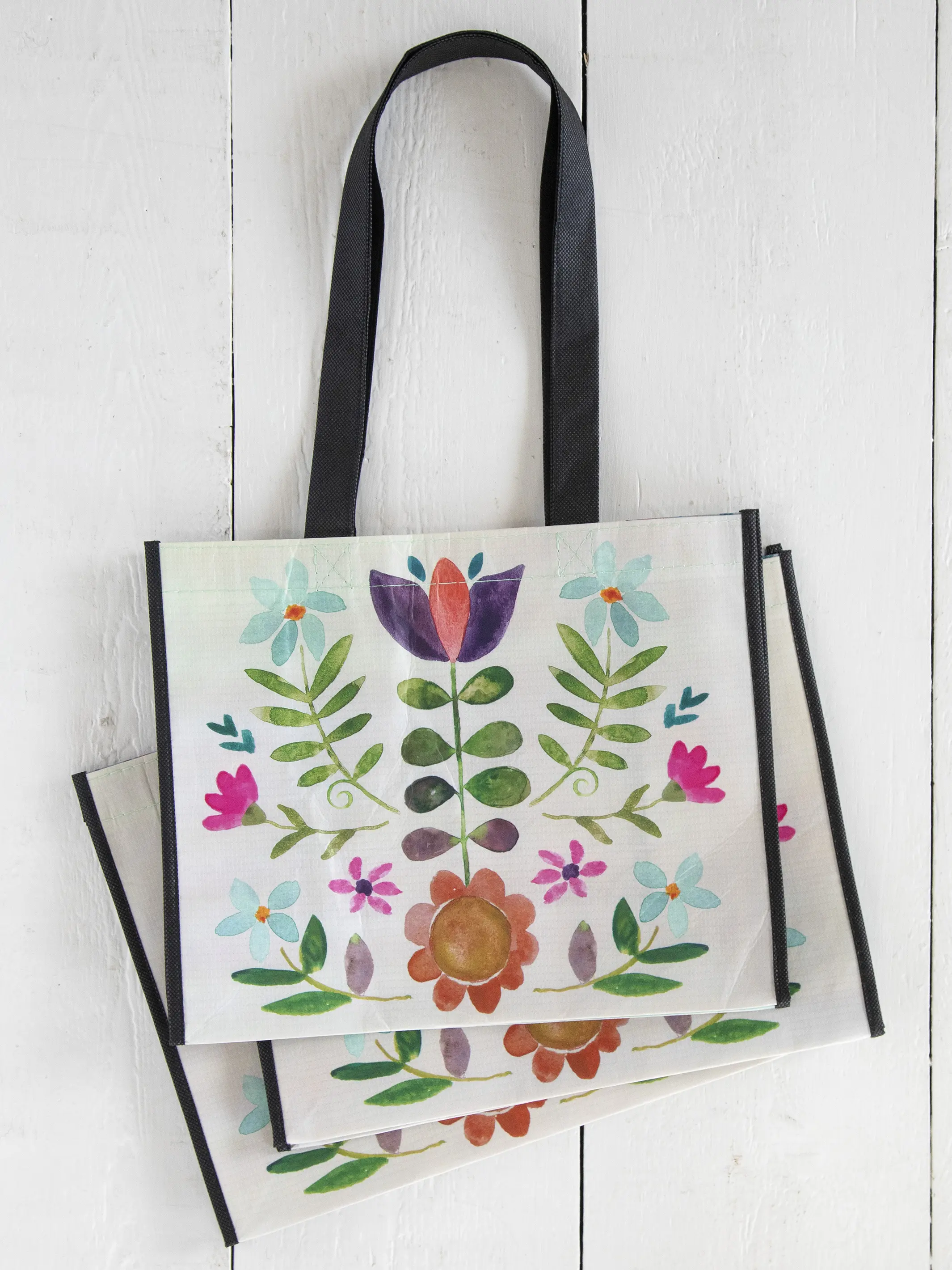 Large Happy Bag, Set of 3 - Cream Folk Flower - Image 2