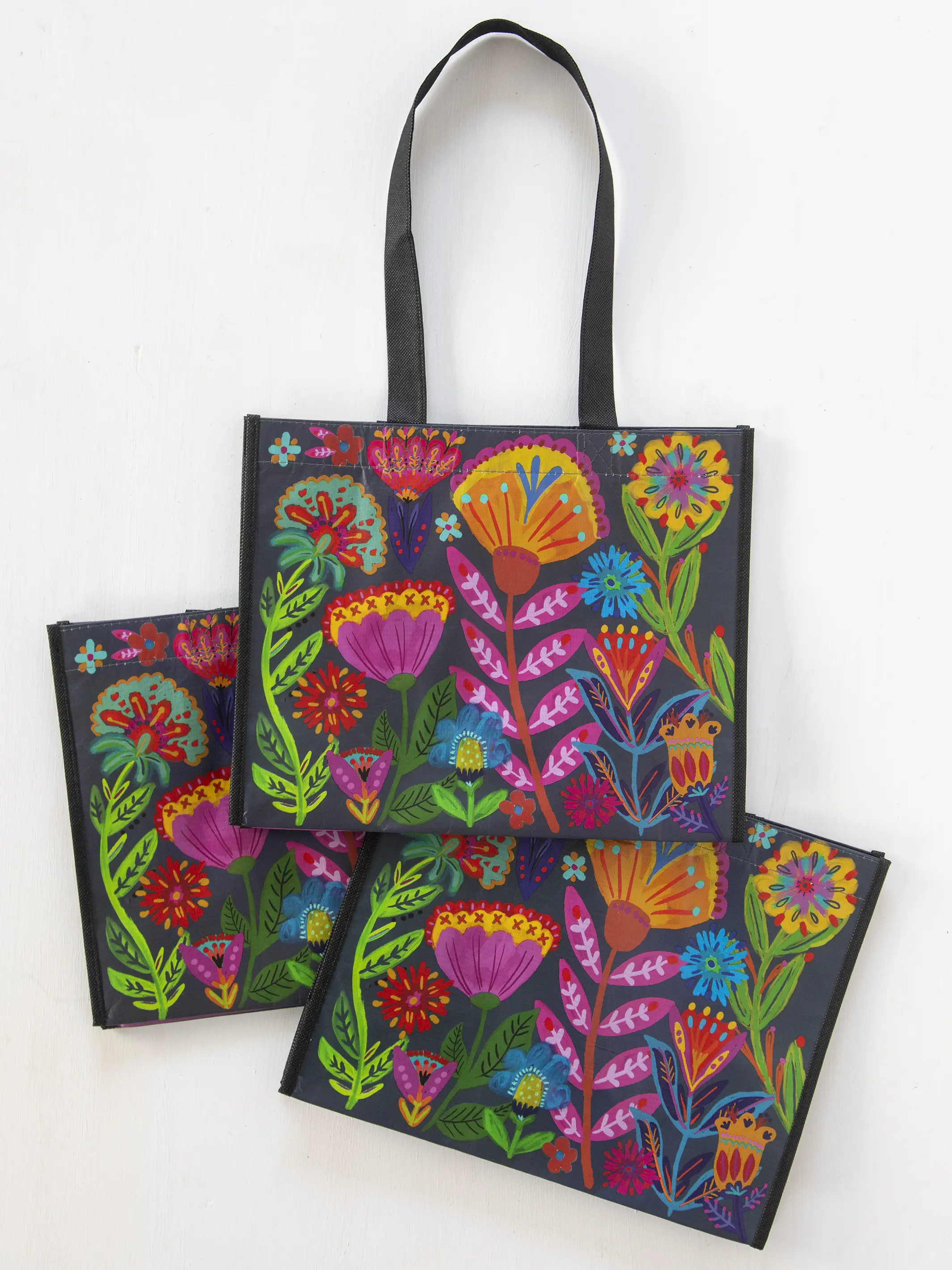 Large Happy Bag, Set of 3 - Navy Folk Flower - Image 2