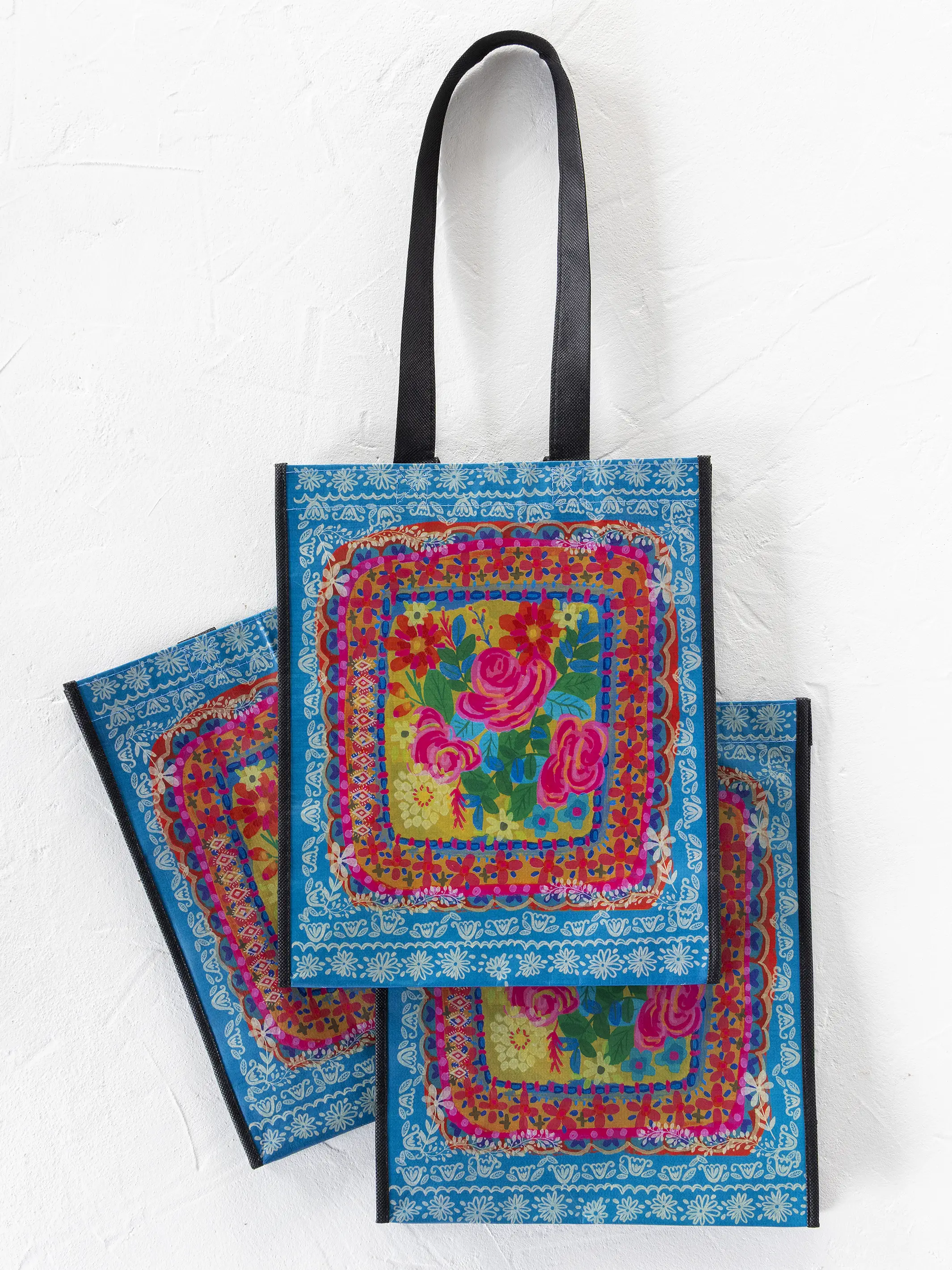 Large Happy Bag, Set of 3 - Teal Flower Bouquet - Image 2