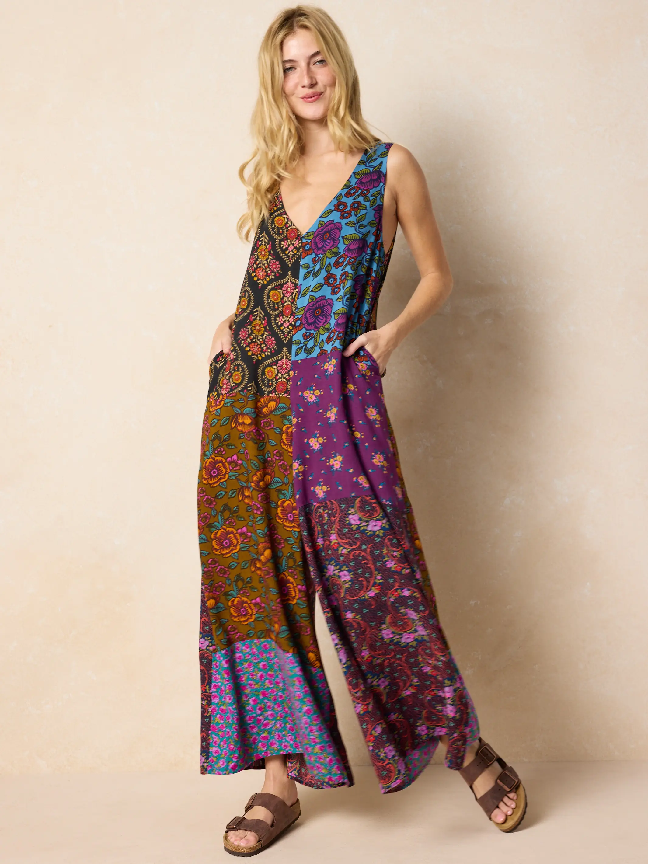 Let's Just Go Wide-Leg Jumpsuit - Woodcut Floral Blue - Image 2