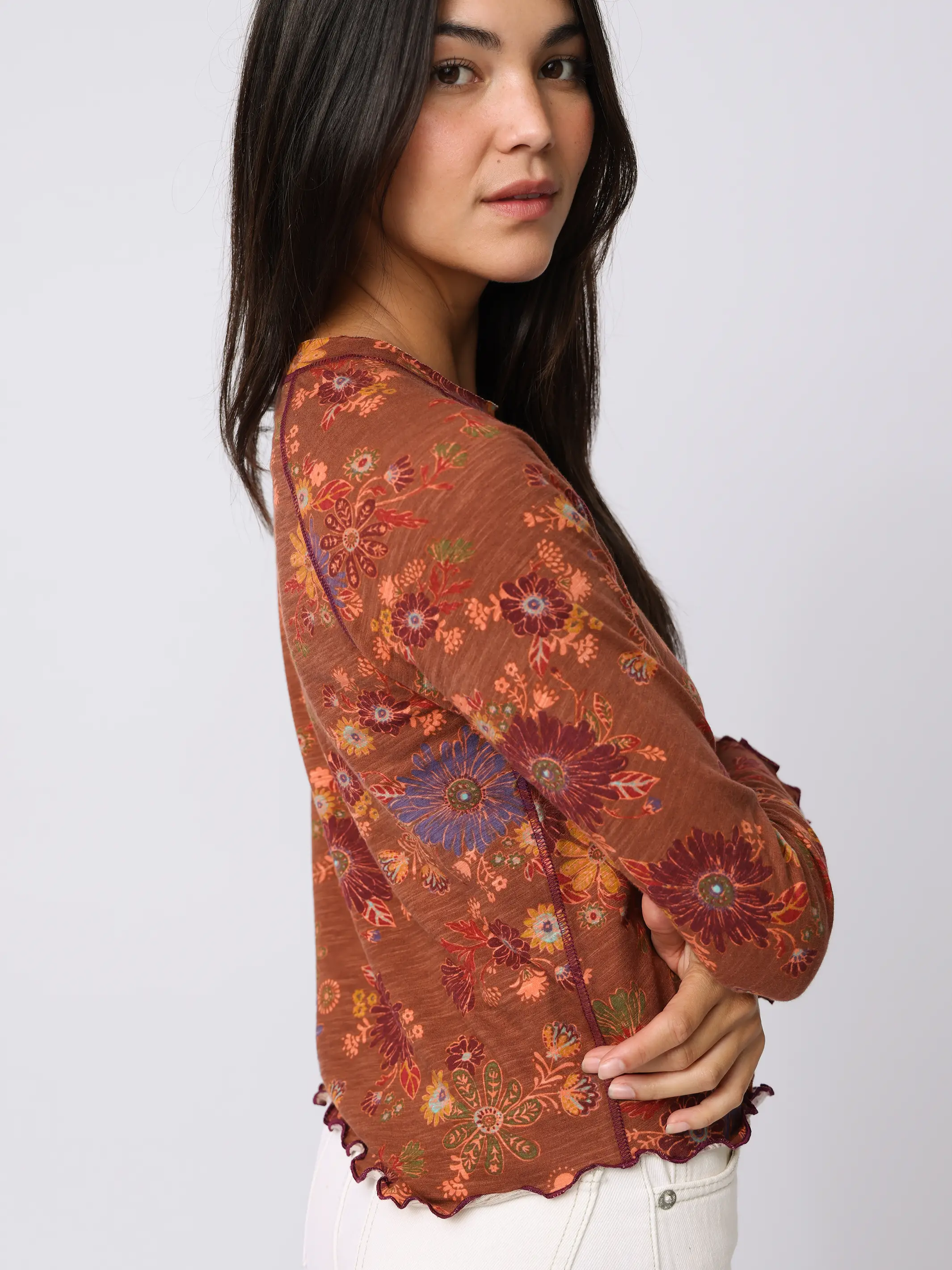 Lily Cotton Long Sleeve Tee Shirt - Aster Clusters Brown - Image 2