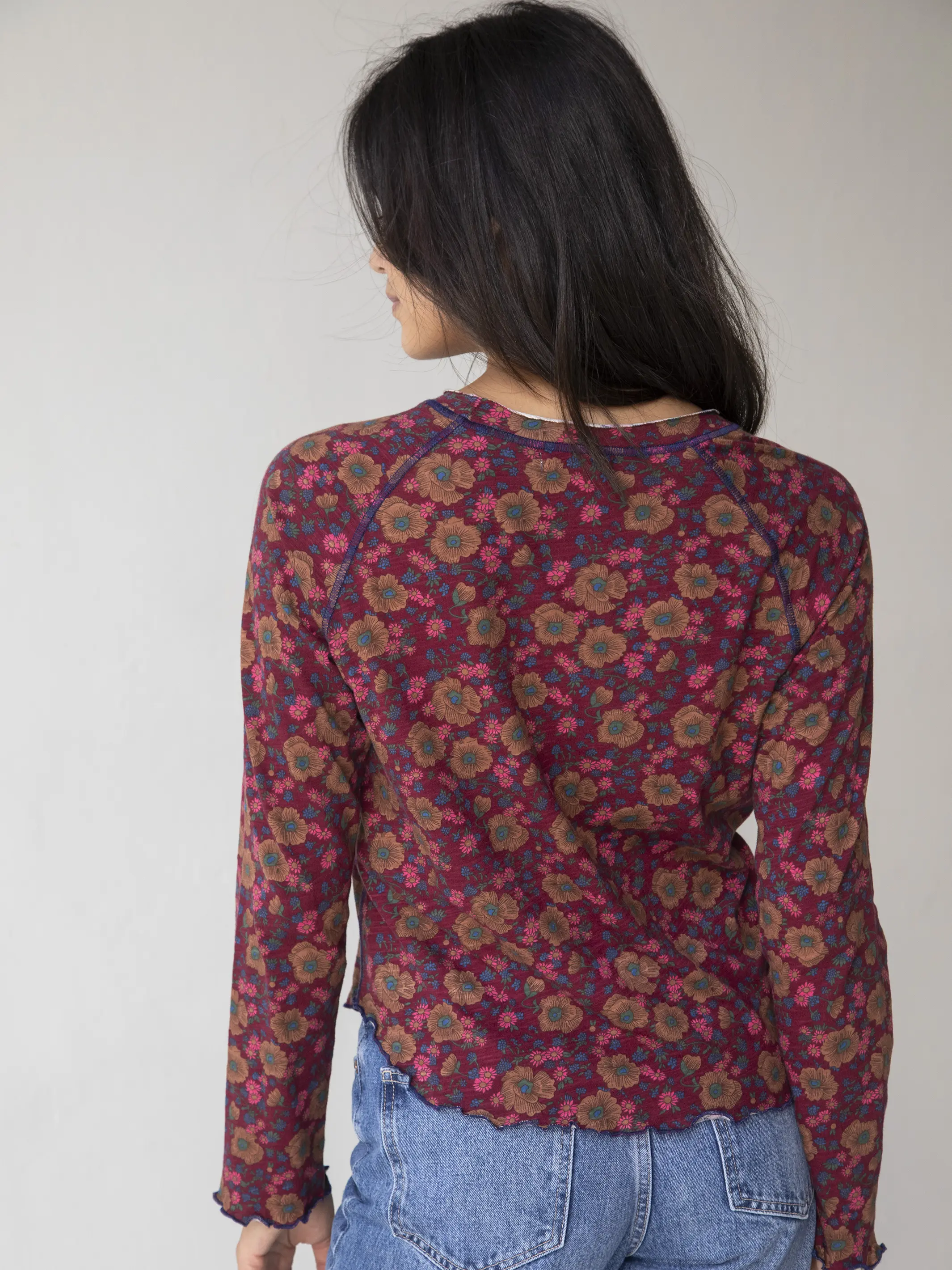 Lily Cotton Long Sleeve Tee Shirt - Cranberry Brown Floral - Image 3