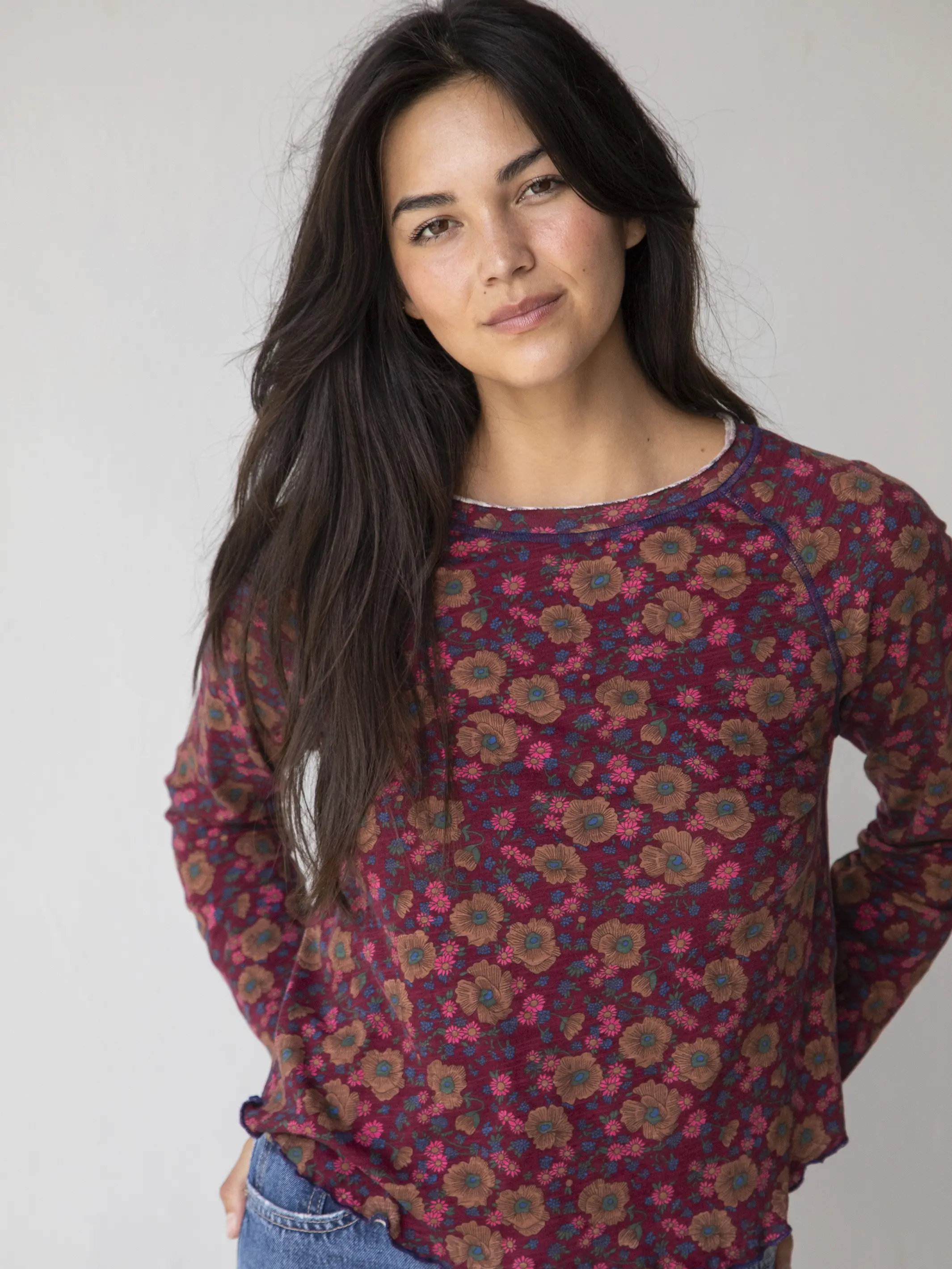 Lily Cotton Long Sleeve Tee Shirt - Cranberry Brown Floral - Image 4