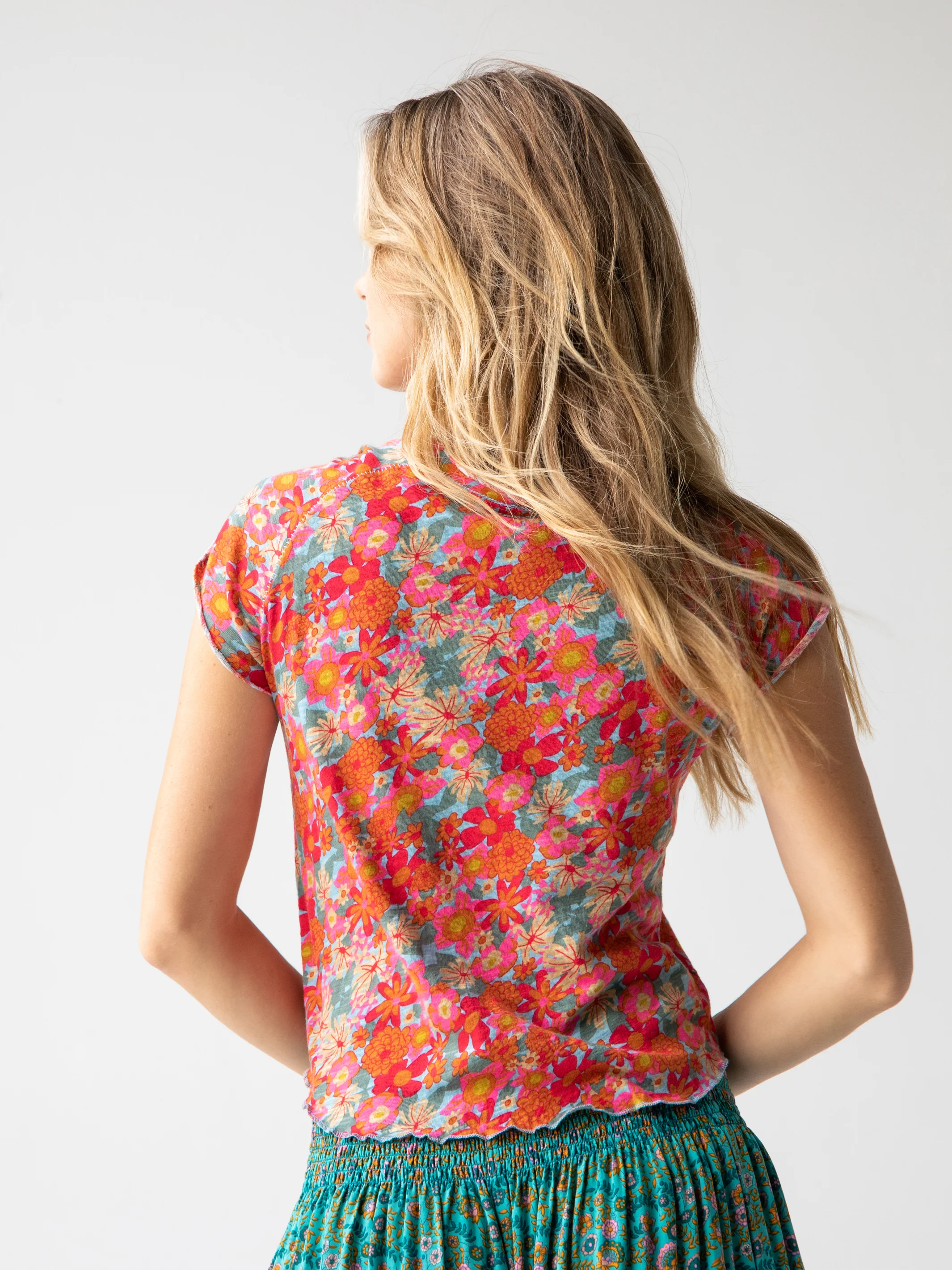 Lily Cotton Short Sleeve Tee Shirt - Pink Red Floral - Image 2