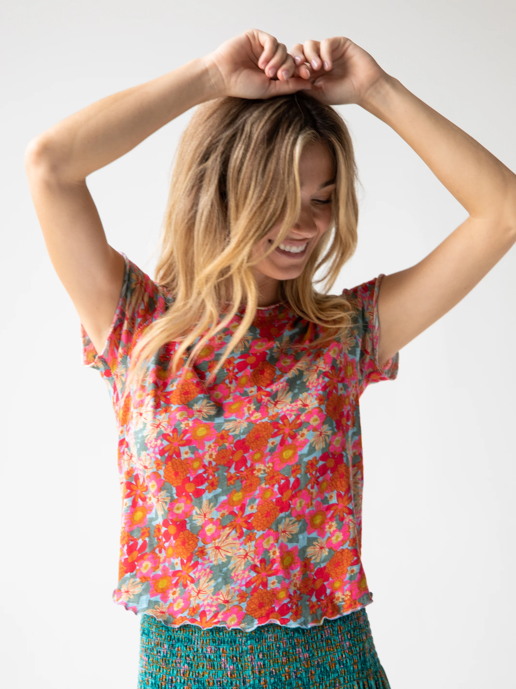 Lily Cotton Short Sleeve Tee Shirt - Pink Red Floral - Image 3
