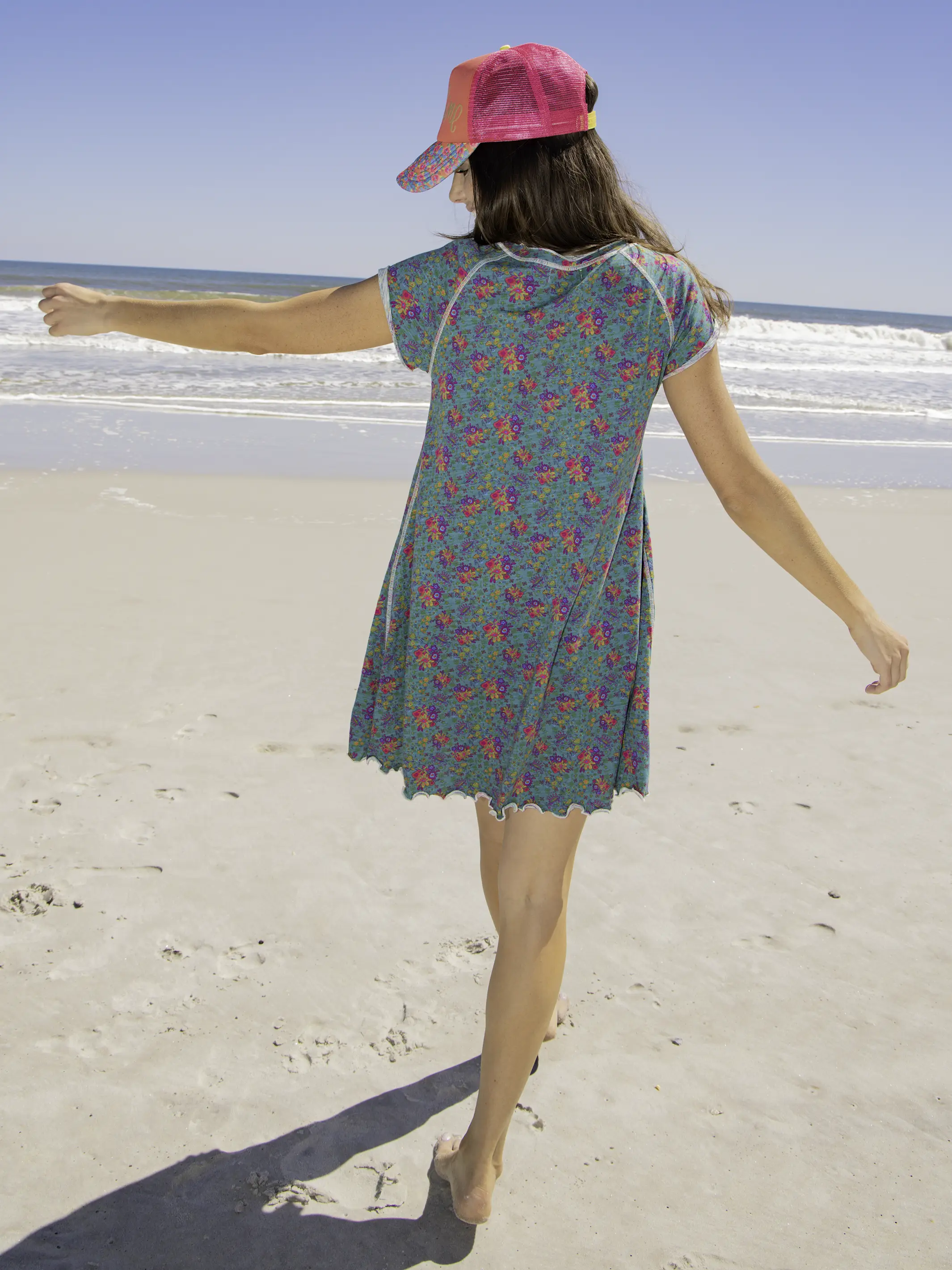 Lily Knit Cotton Tee Dress - Turquoise Floral Medallions - Image 2