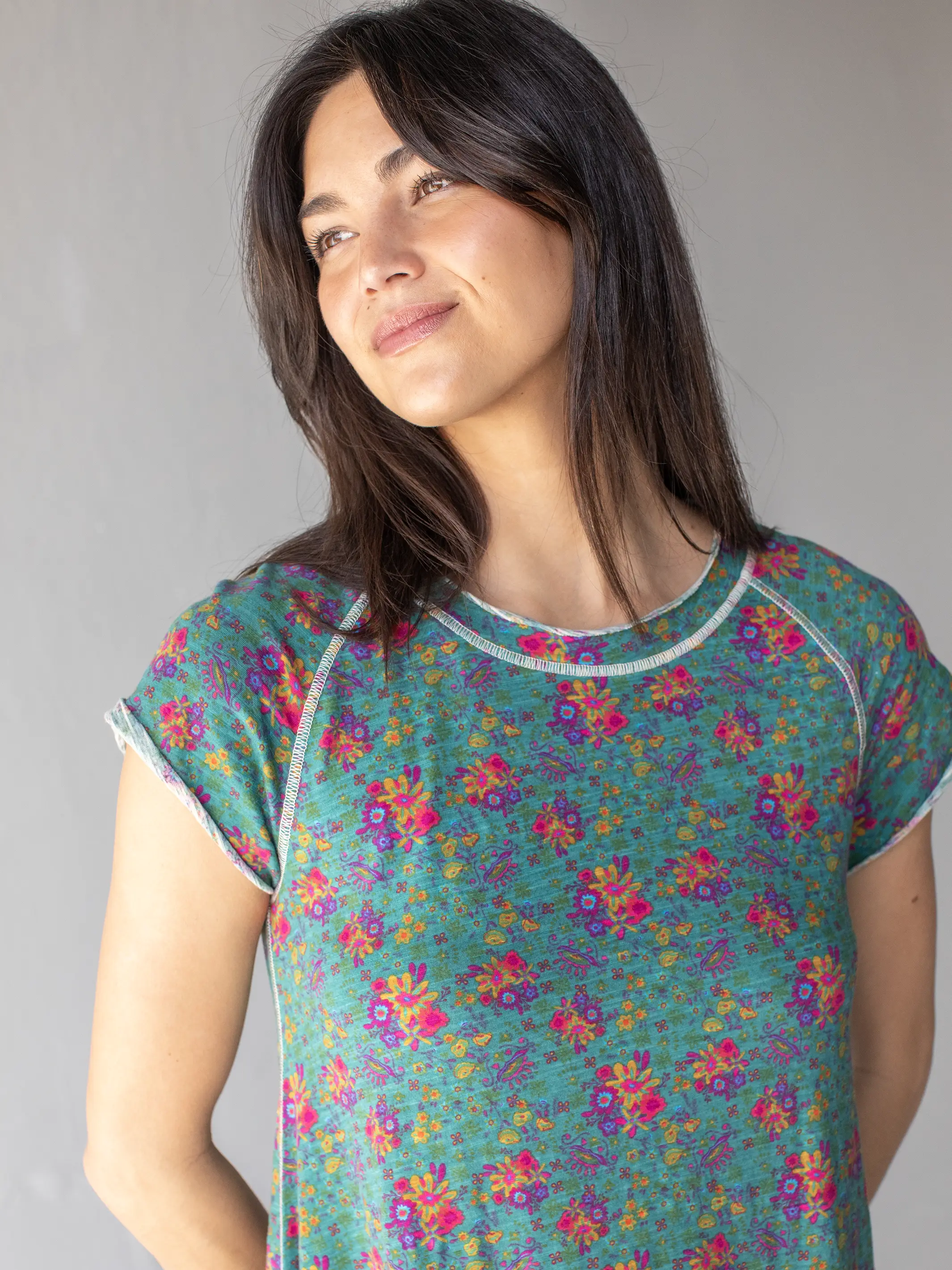 Lily Knit Cotton Tee Dress - Turquoise Floral Medallions - Image 4