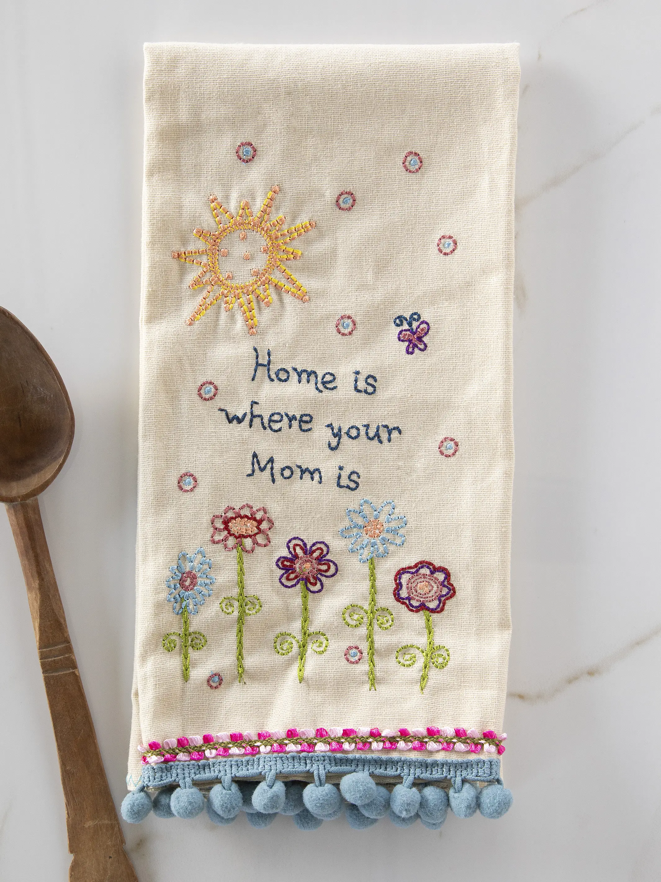 Linen Embroidered Hand Towel - Where Your Mom Is - Image 3