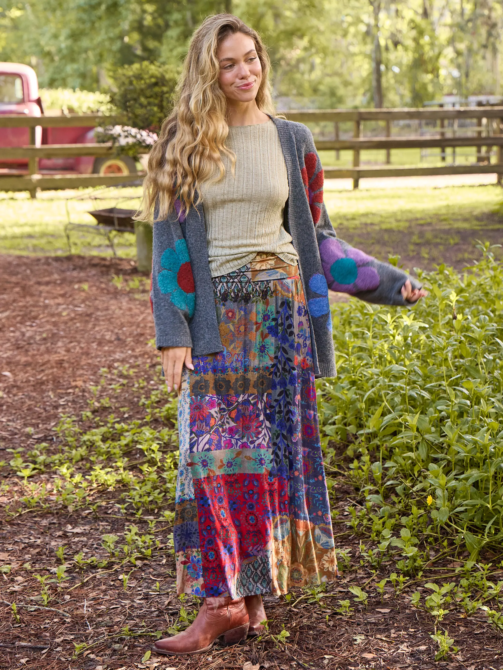 Live-In-It Knit "ButterSoft" Maxi Skirt - Blue Patchwork - Image 3