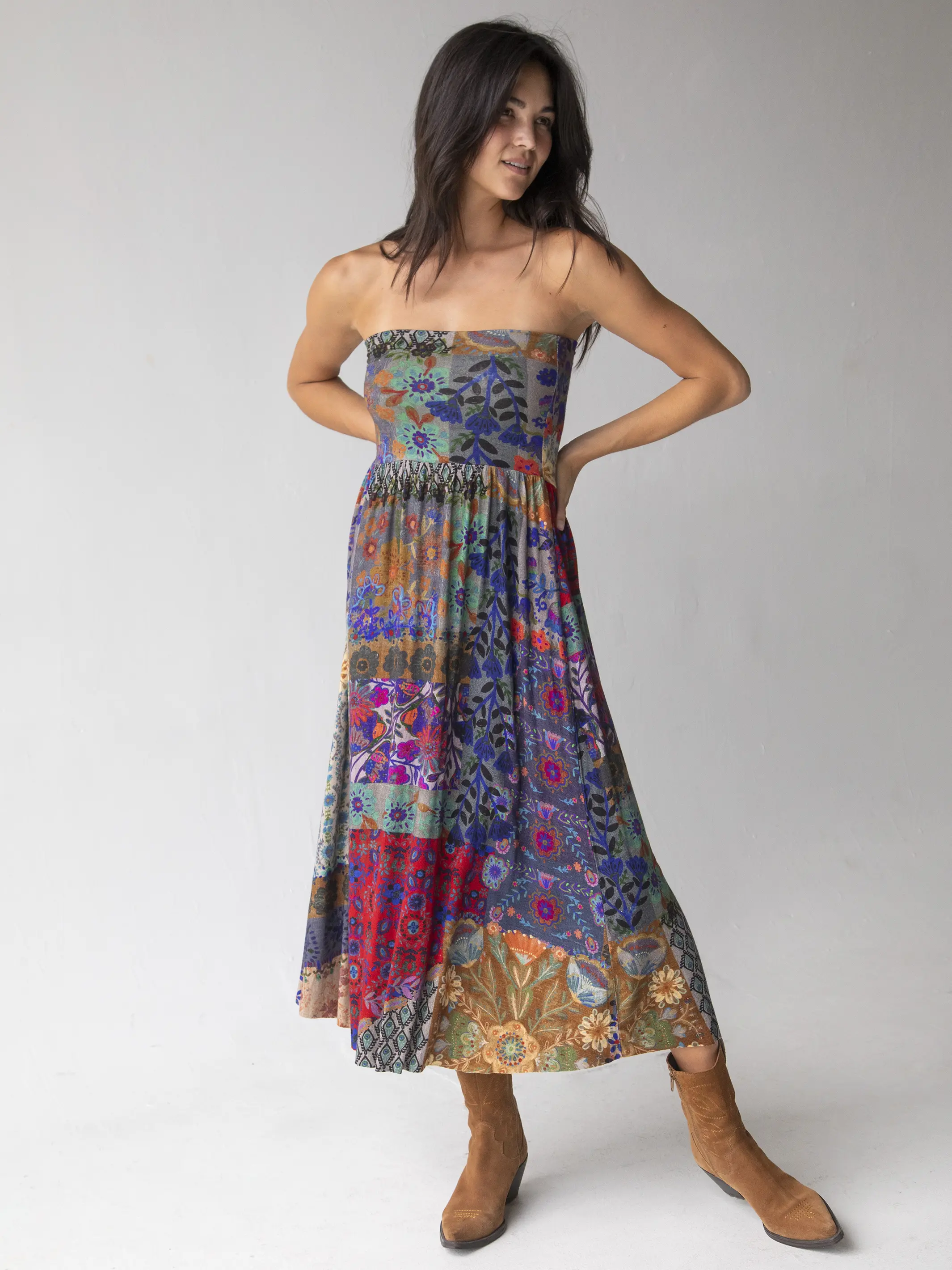 Live-In-It Knit "ButterSoft" Maxi Skirt - Blue Patchwork - Image 4