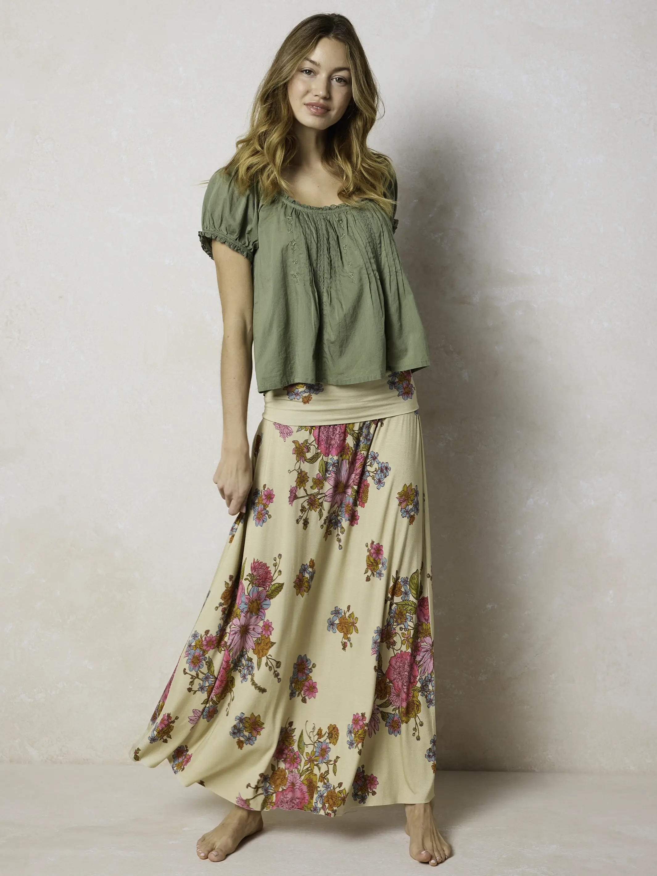 Live-In-It Knit "ButterSoft" Maxi Skirt - English Garden Cream - Image 3