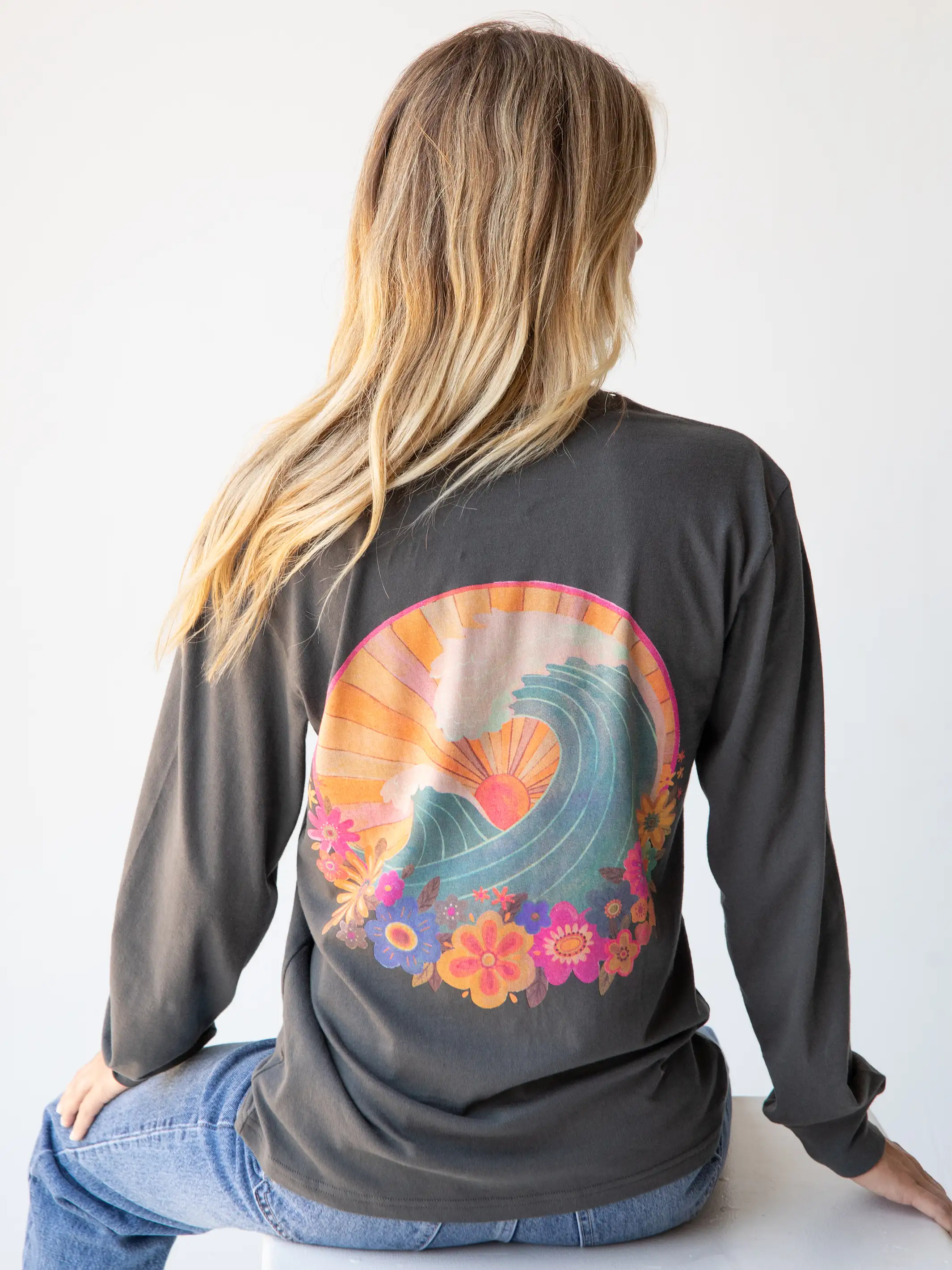 Long Sleeve Cotton Comfy Tee Shirt - Waves - Image 3