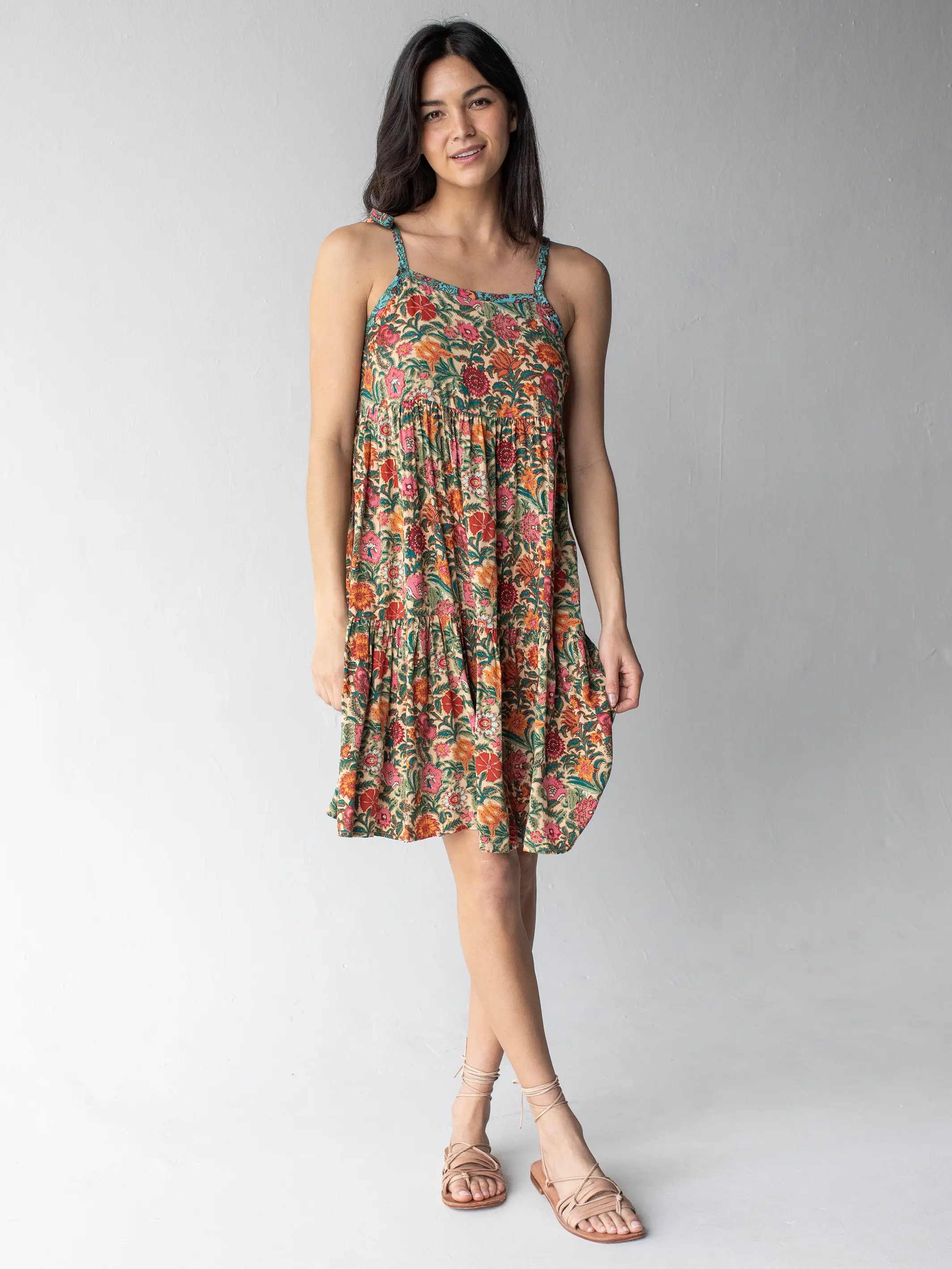 Maddie Mini Dress - Tan Pink Floral - Image 2