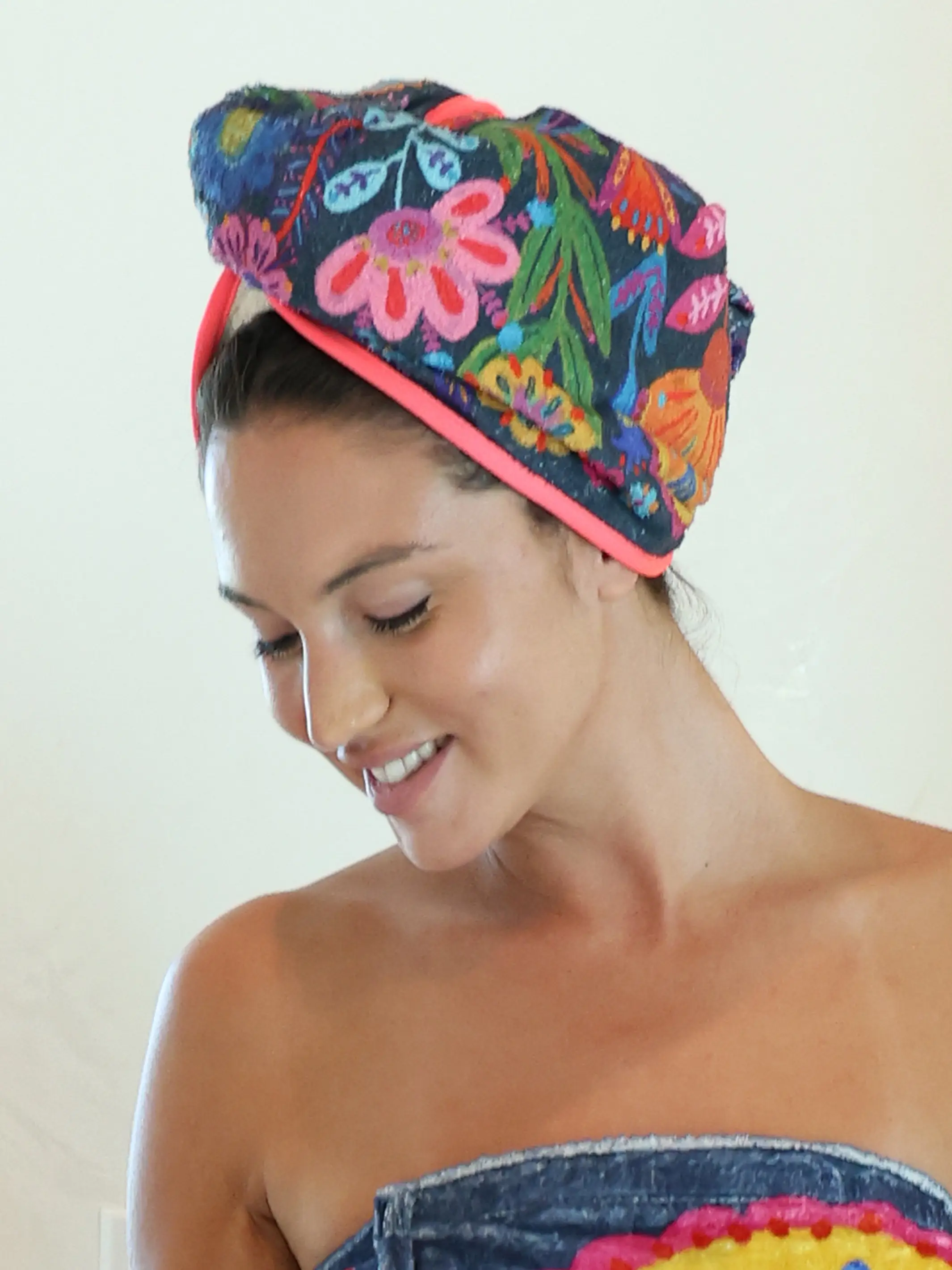 Microfiber Hair Towel Wrap - Charcoal Folk Flower - Image 4