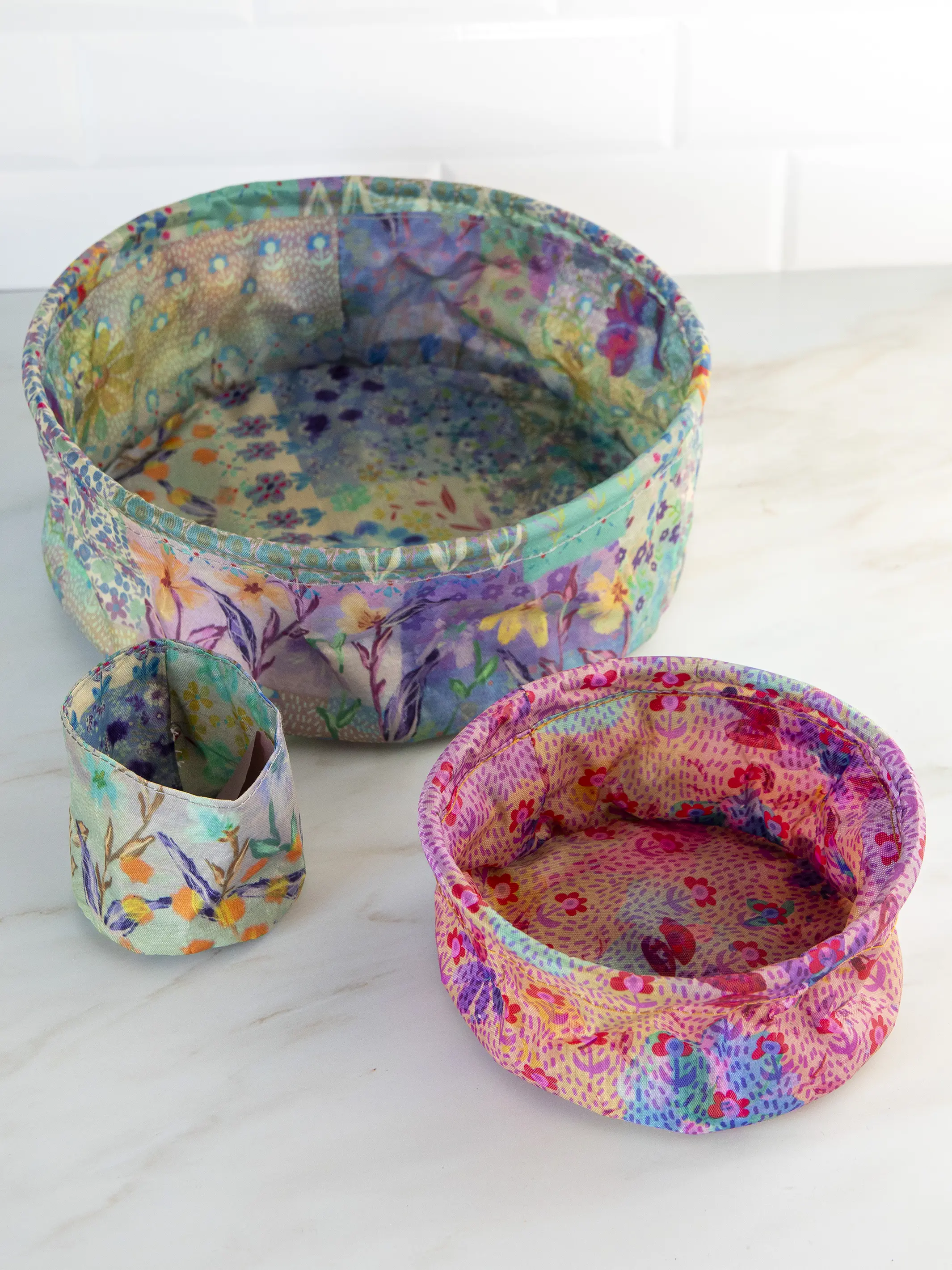 Mini Collapsible Storage Bins, Set of 3 - Taupe Watercolor Patchwork - Image 3