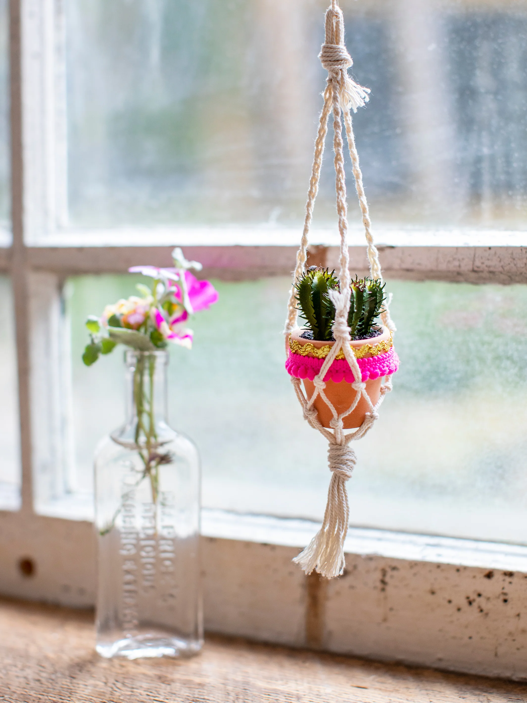 Mini Macrame Faux Succulent Car Charm - Cream - Image 2