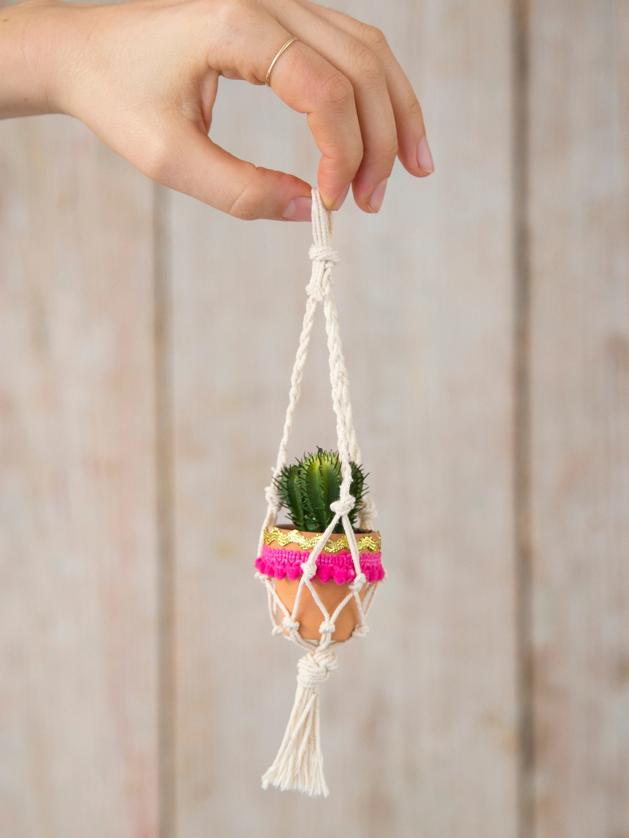 Mini Macrame Faux Succulent Car Charm - Cream - Image 3