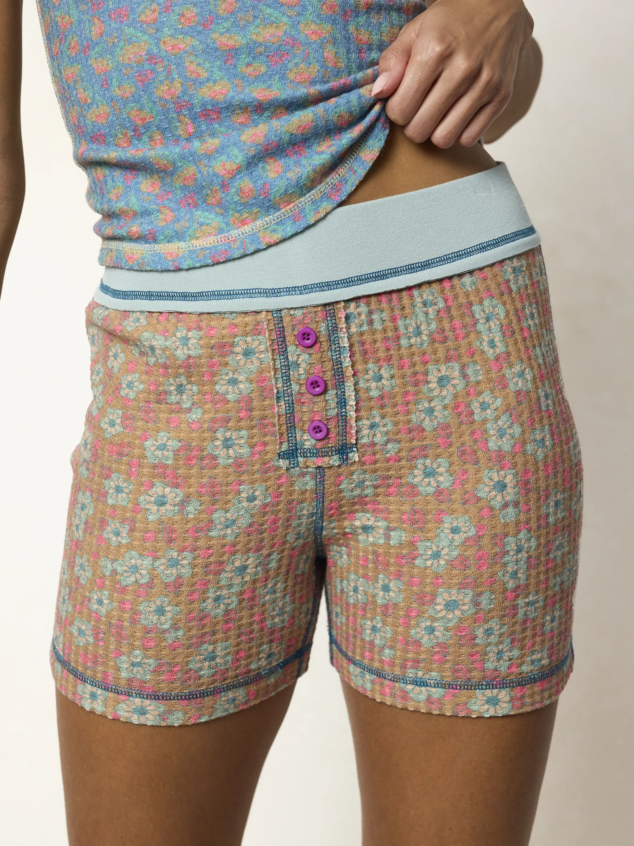 Mix & Match Waffle Boy Shorts - Turquoise Ditsy - Image 2
