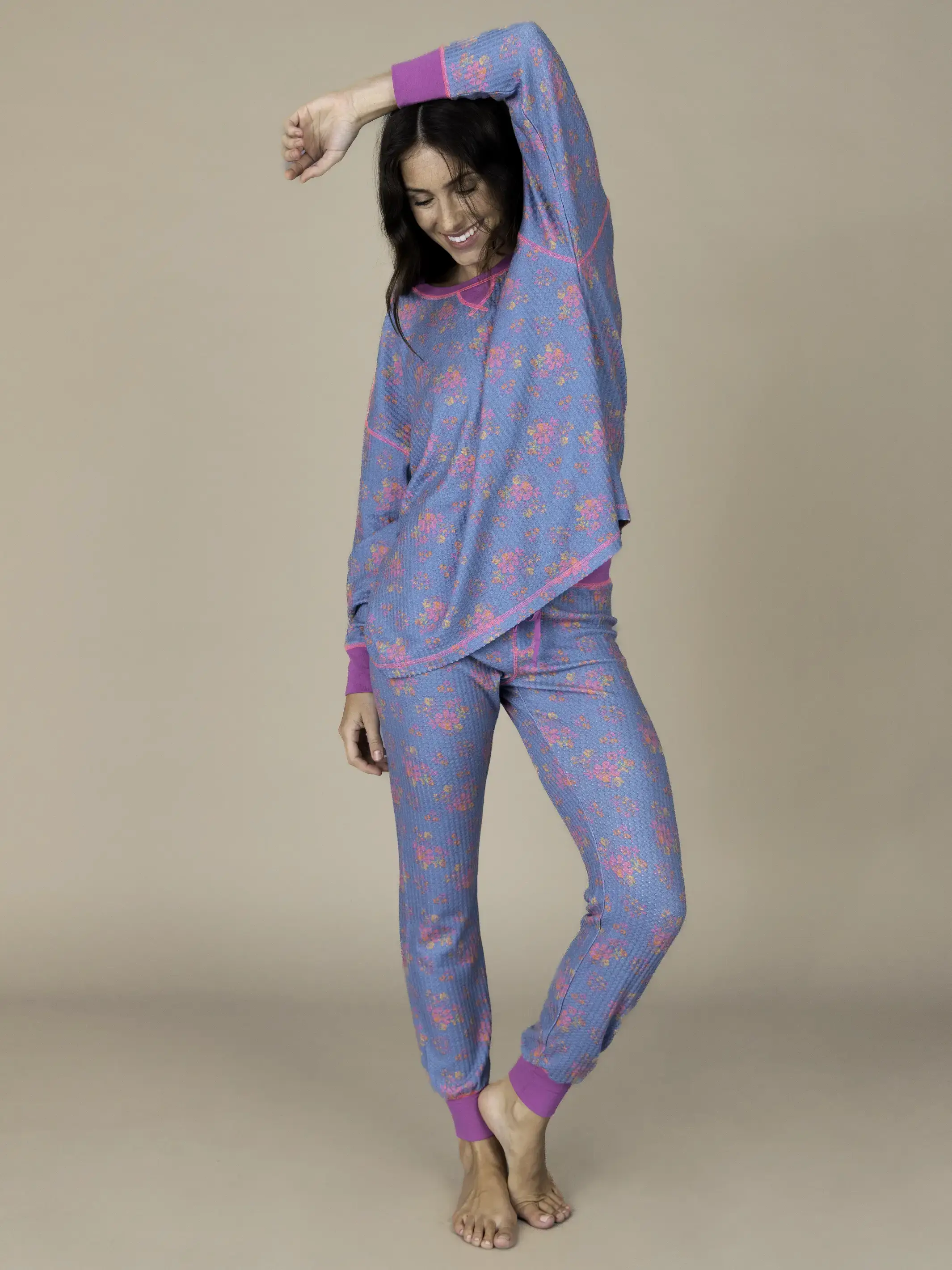 Mix & Match Waffle Pajama Top - Turquoise Floral Bouquets - Image 3