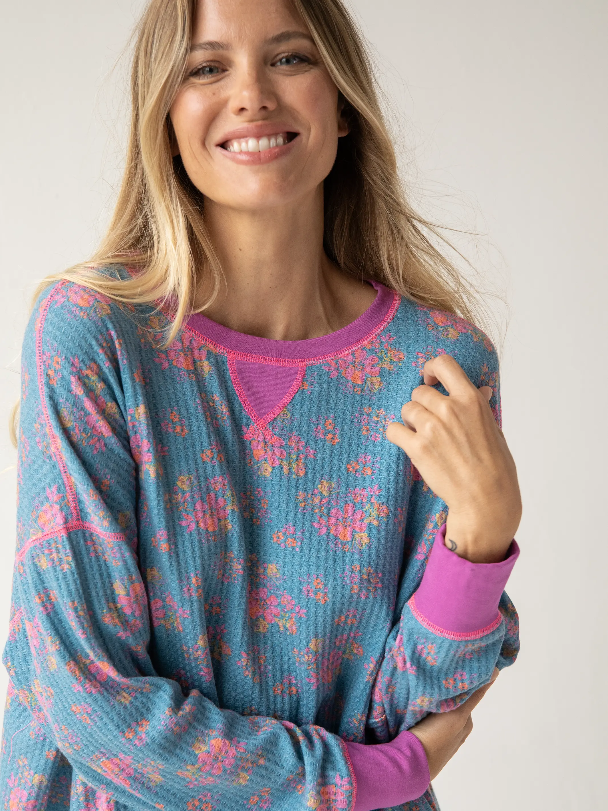 Mix & Match Waffle Pajama Top - Turquoise Floral Bouquets - Image 5
