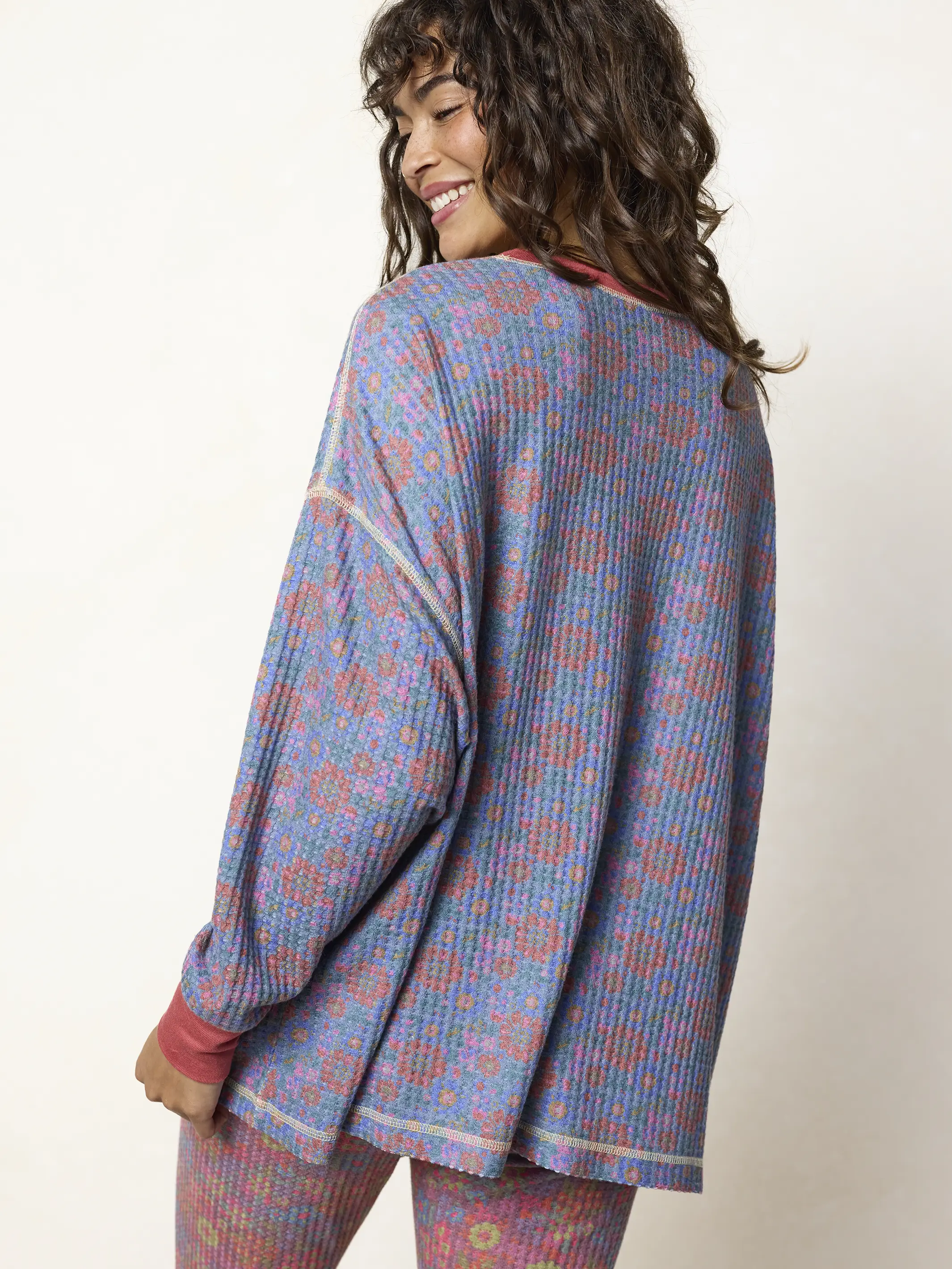 Mix & Match Waffle Pajama Top - Washed Navy Zinnias - Image 3